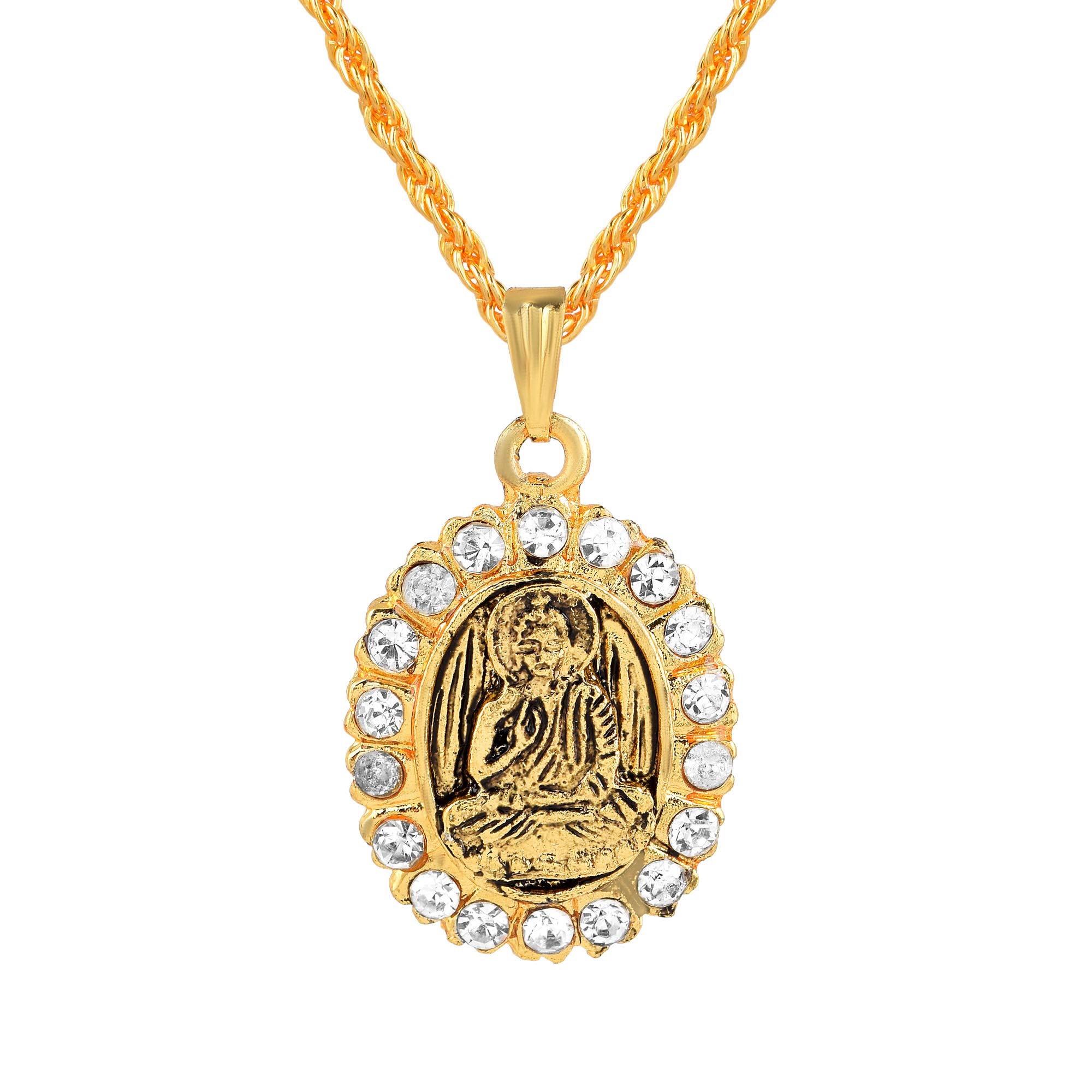 morirOxidized Gold Plated Stone Embellished Meditating Thai Sitting Buddha Pendant Locket Necklace Buddhism Jewelry for Men/Women