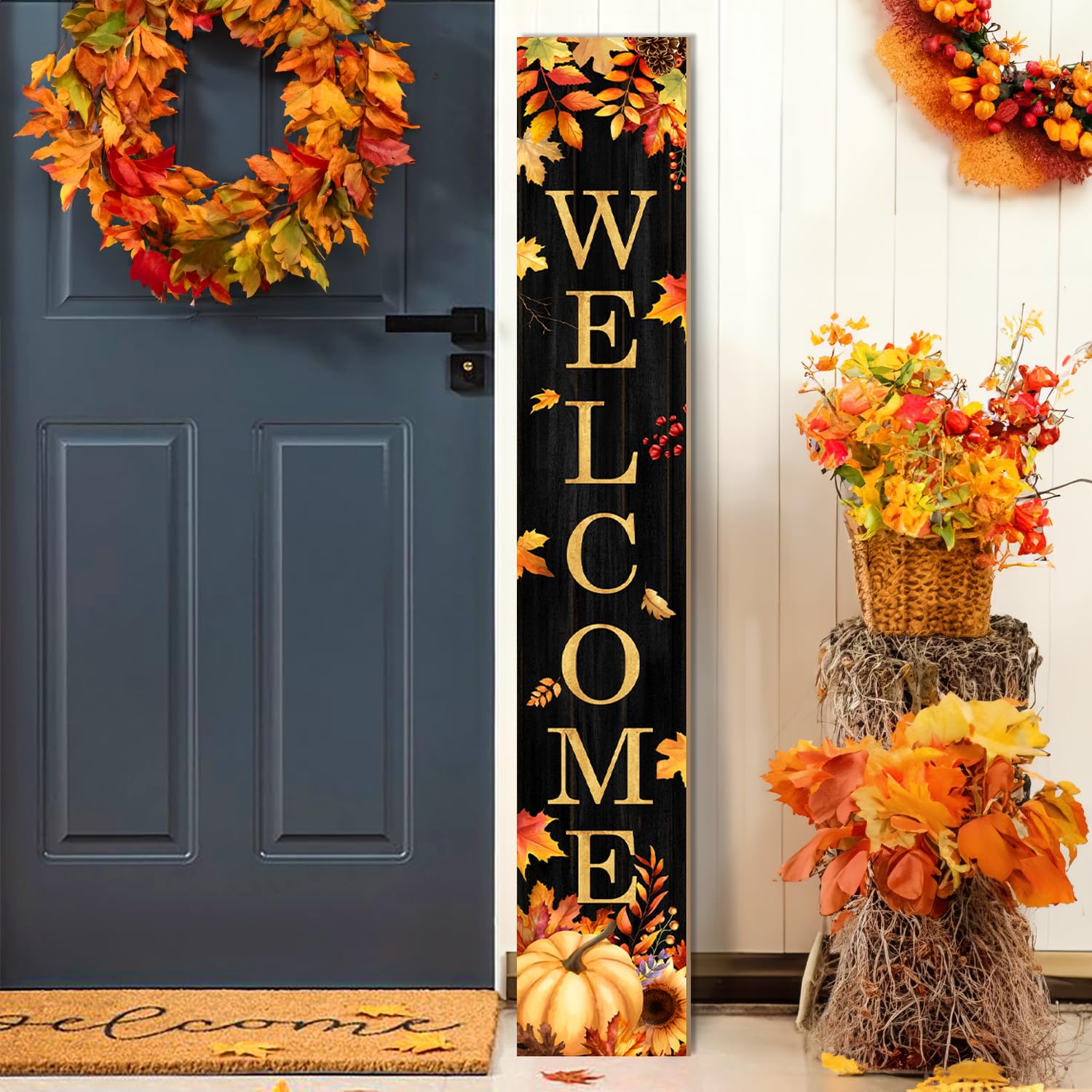 Cartello per portico di benvenuto autunnale, cartelli in acero per portico anteriore, zucca dorata, cartello verticale in legno in piedi per patio porta d'ingresso, portici autunnali, vacanze, casa