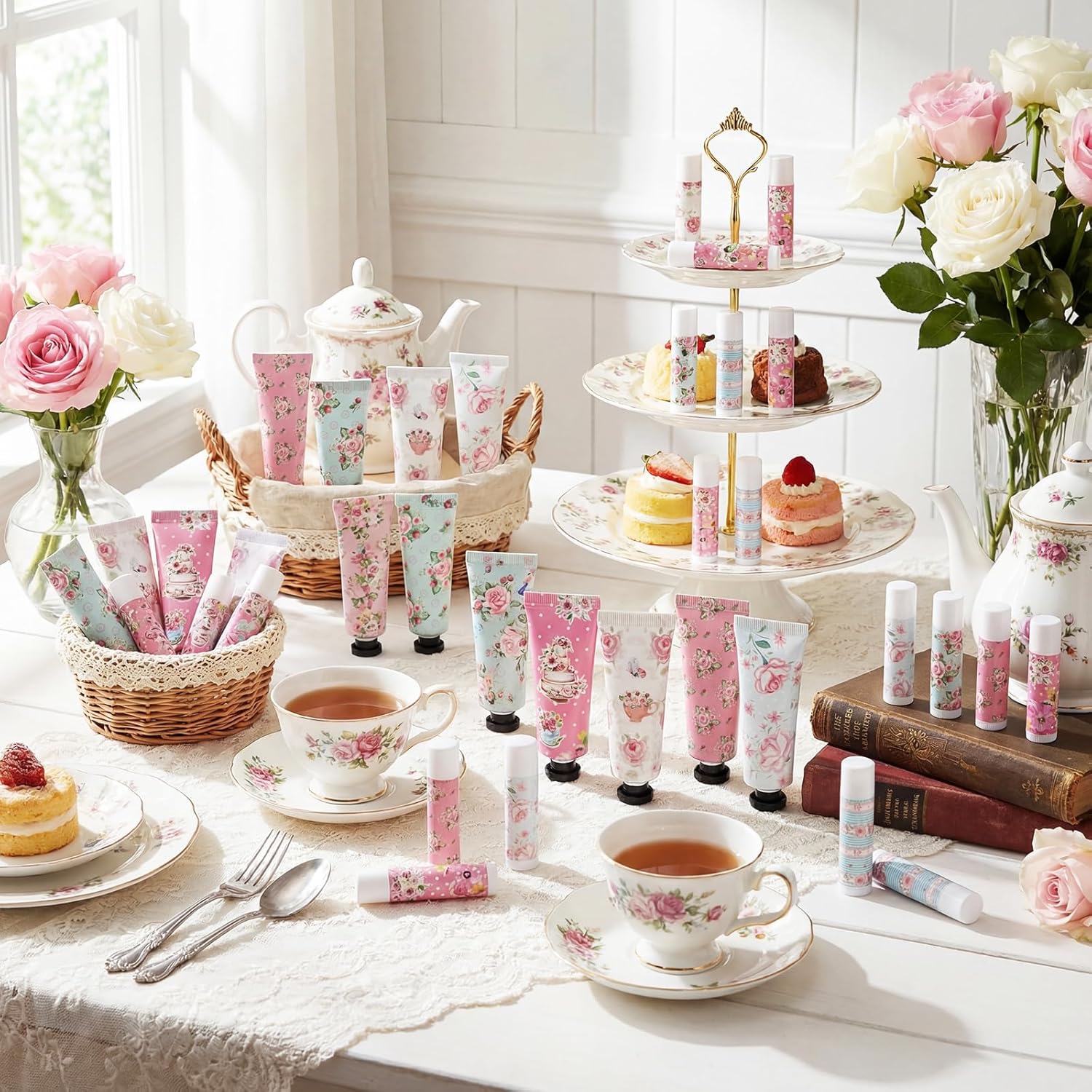 48 Sets Tea Party Favors Mini Hand Cream Lip Balm Bulk Gift Set for Women Travel Size Hand Lotion Vintage Floral Moisturizing Lip Balm Gifts for Mothers Day Teacher Wedding Baby Shower