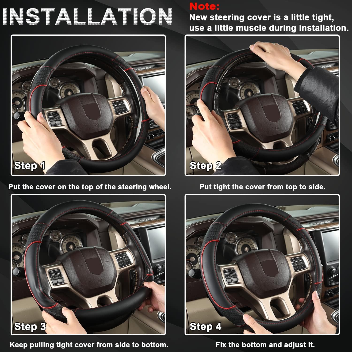 GIANT PANDA Car Steering Wheel Cover for Dodge Ram 1500 2500 3500 15.5-16 inches- Black+Red Trim