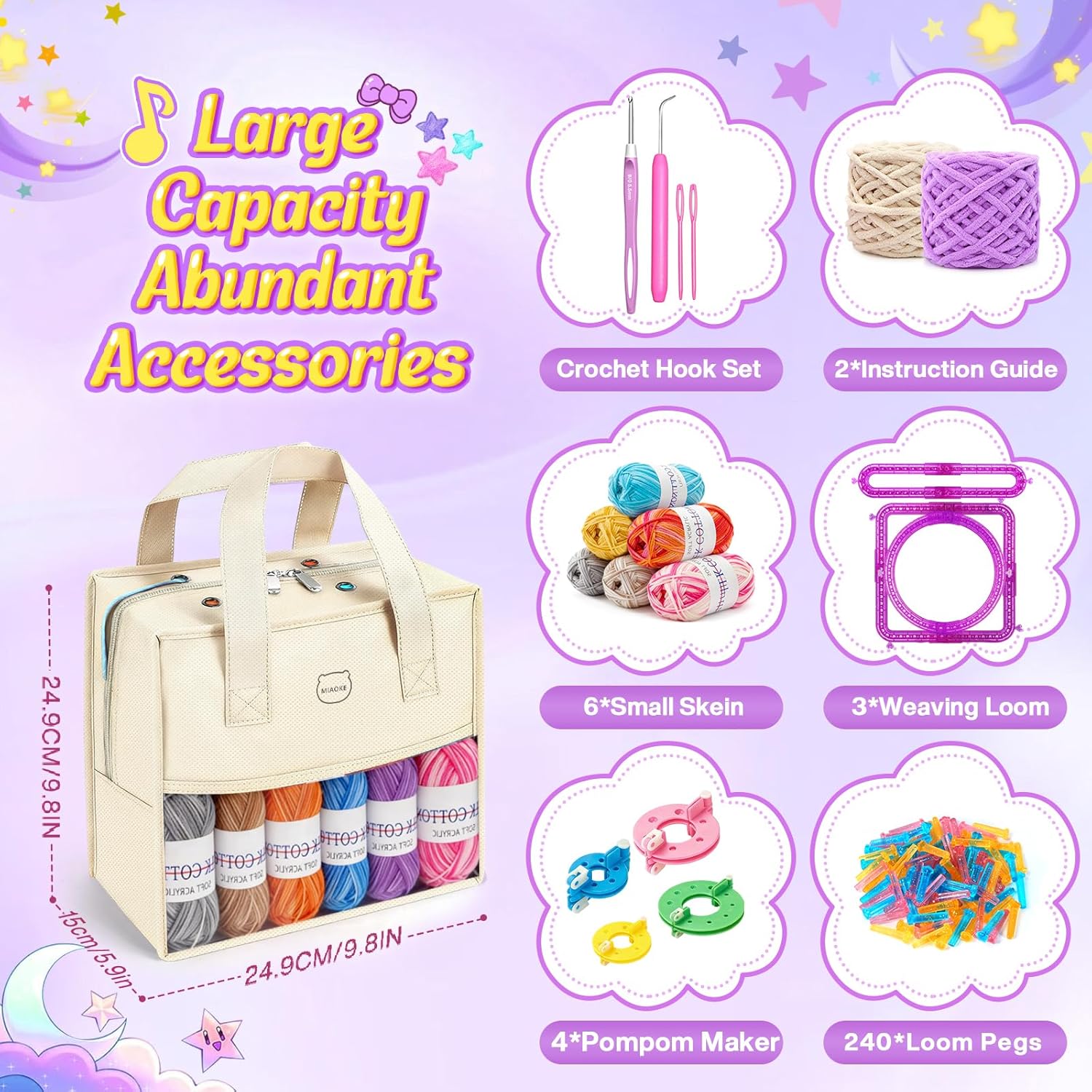 MIAOKE 633 Pcs Weaving Loom Kit with Pompom Maker,Knit Hat Scarf Knitting Loom Kit,Includes Storage Bag, Binding Needles, Colored Craft Rings, Yarn and Crochet Hooks, Knitting Loom Kits for Beginner