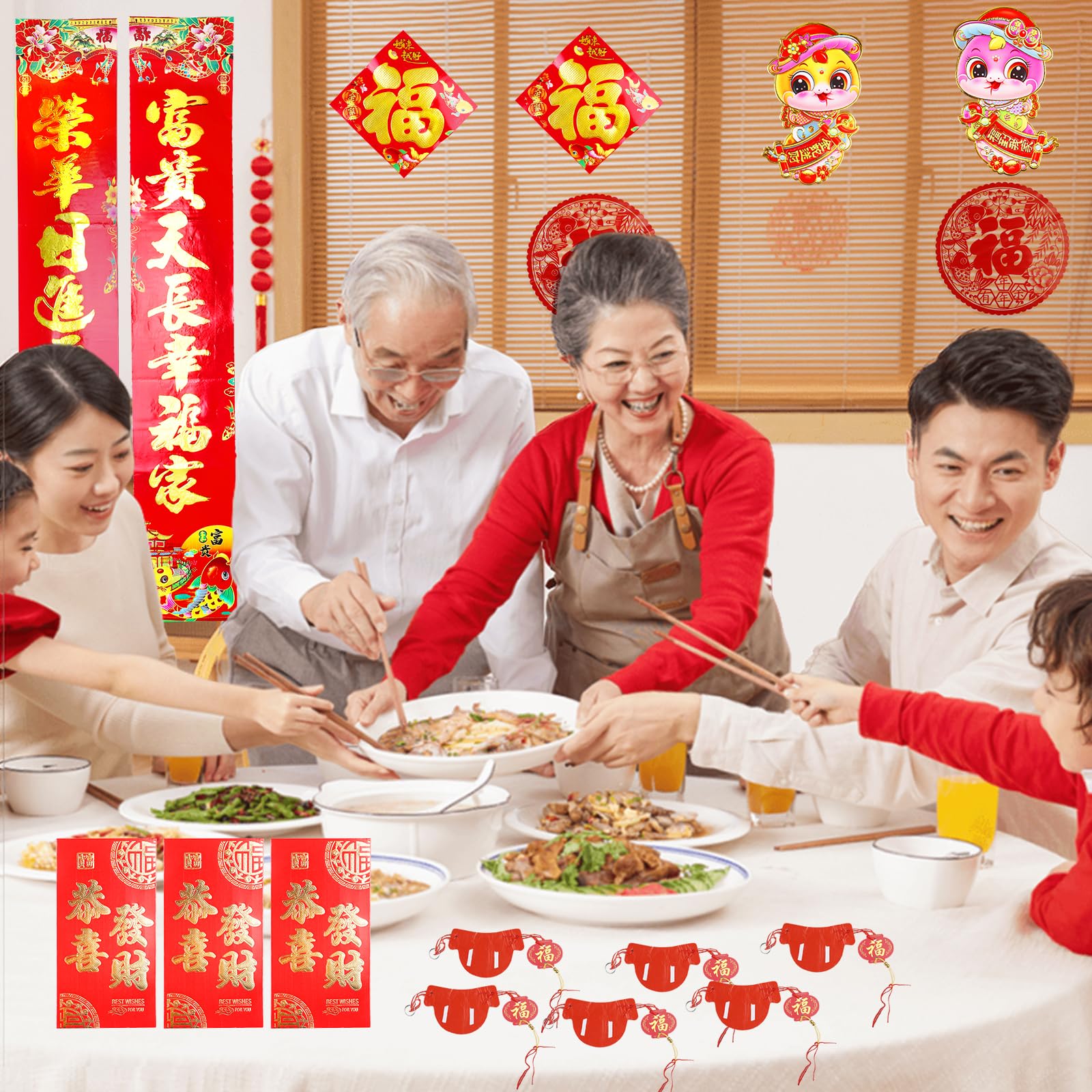 SPORWAY Lot de 43 pièces Couplet chinois Nouvel An Décoration Printemps Festival Chunlian Enveloppes rouges Hong Bao Fu Personnage Lanterne Rouge Fenêtre Décalcomanies Année du serpent 2025