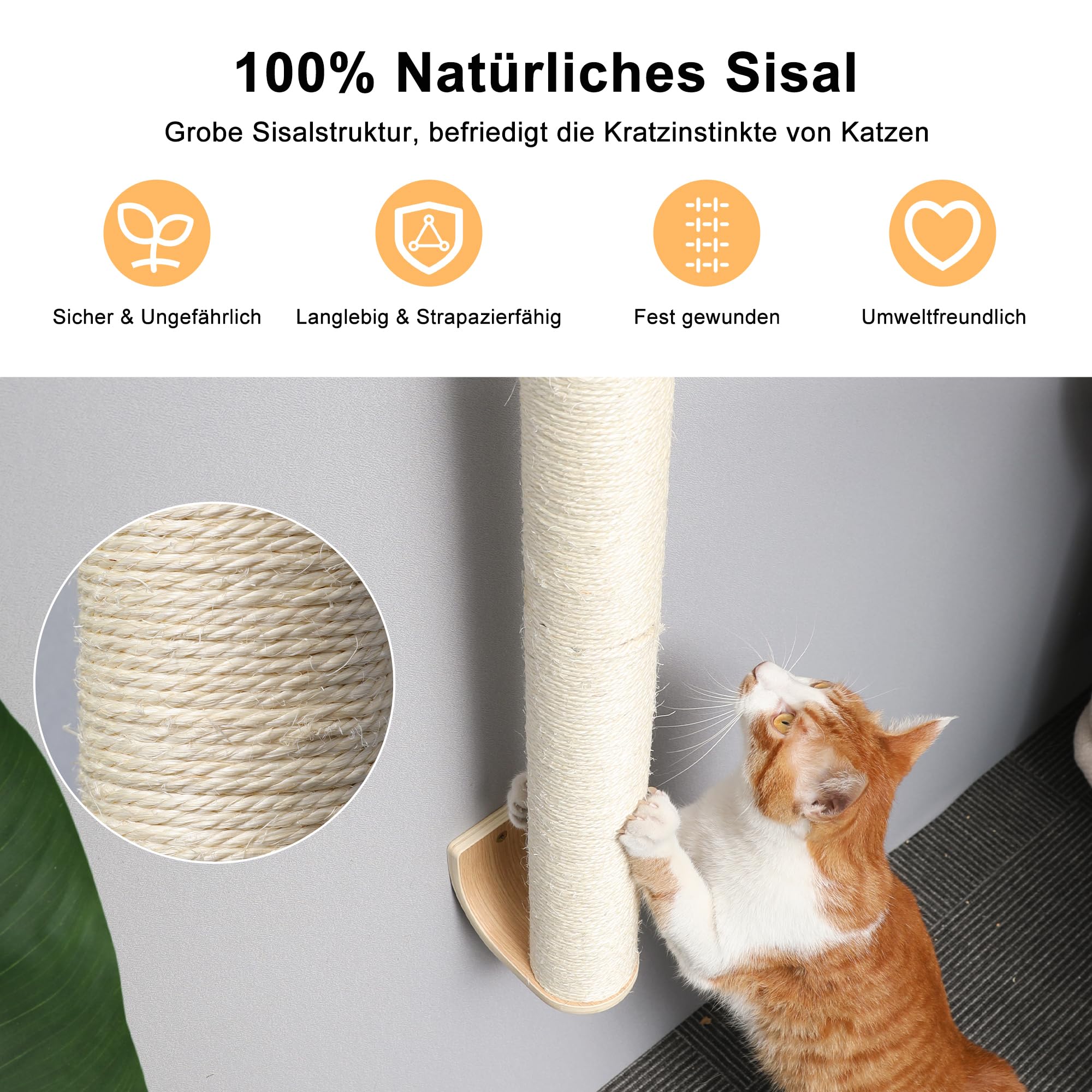 FUKUMARU Wandkratzsäule Katzen, 154 cm großer Kratzbaum zur Wandmontage, Stabiler kratzbaum Wand aus Sisal