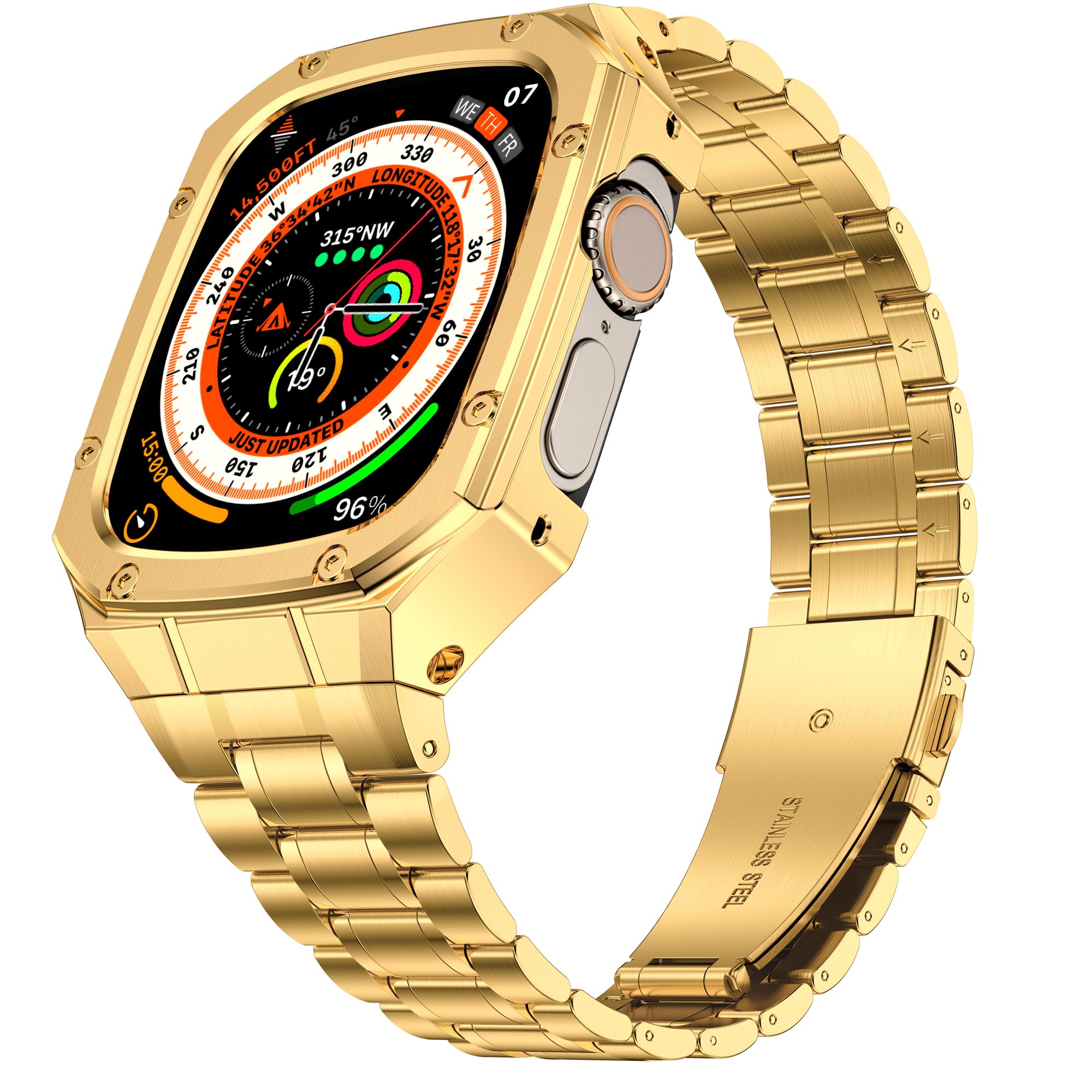 HASLFM Stainless Steel Watch Band and Case Compatible with Apple Watch Ultra 2/Ultra (49mm),Adjustable Metal Strap and Rugged Protector Cover for iWatch Men,Gold