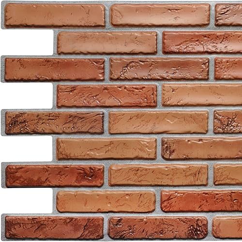 Dundee Deco PG7060 Ladrillos de imitación naturales de color rojo oscuro, 3.2 pies x 1.6 pies, panel de pared 3D de PVC, decoración de paneles de