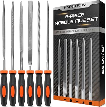 Needle File Set, 6 Needle Files for Wood, Metal, Plastic & Jewellery, Includes Small Round, Half-Round, Square, Triangle, Flat & Flat Pointed Files, Carpenter s Toolkit for Fine Finishing