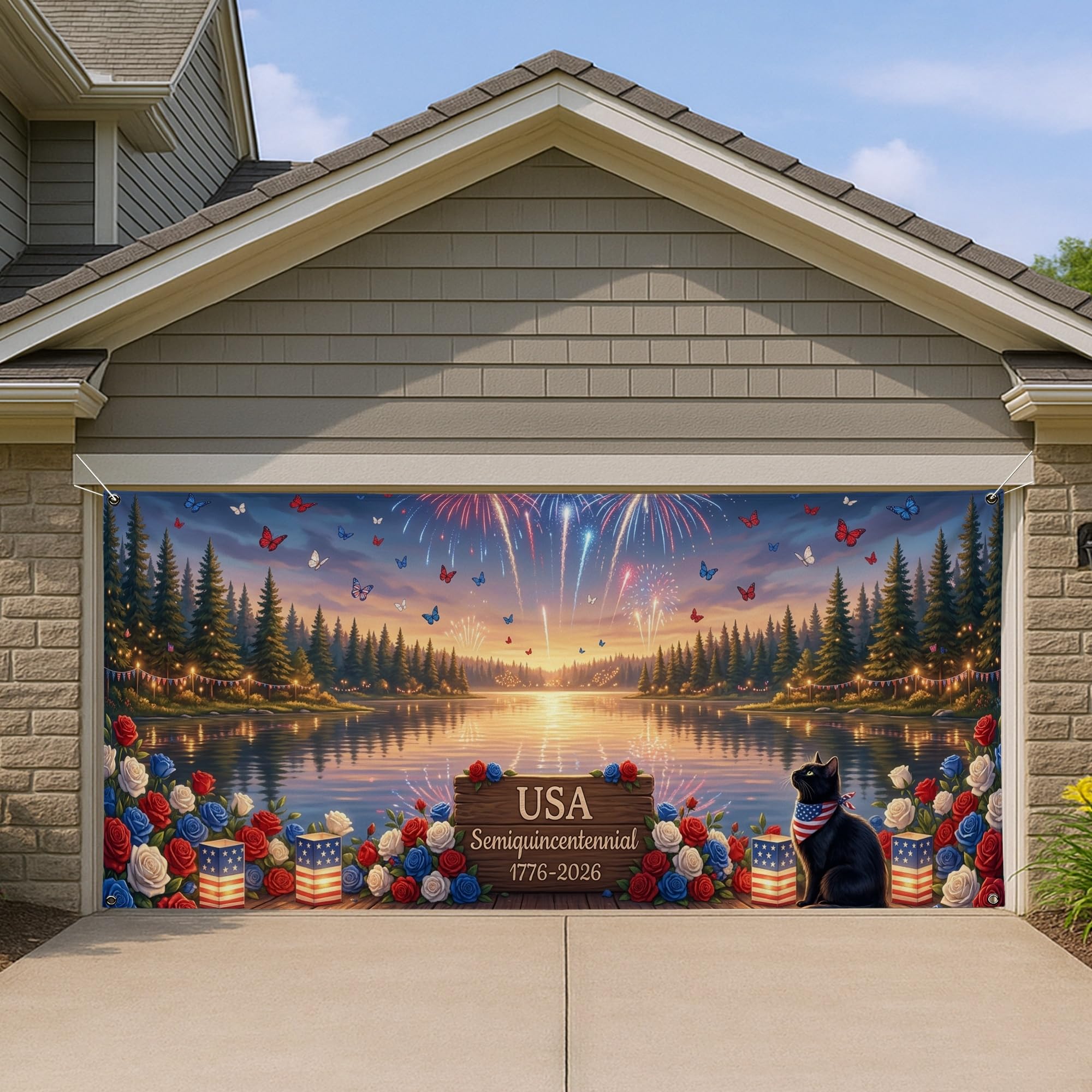 Housse de porte de garage USA pour cacher une façade et fêter le 4 Juillet