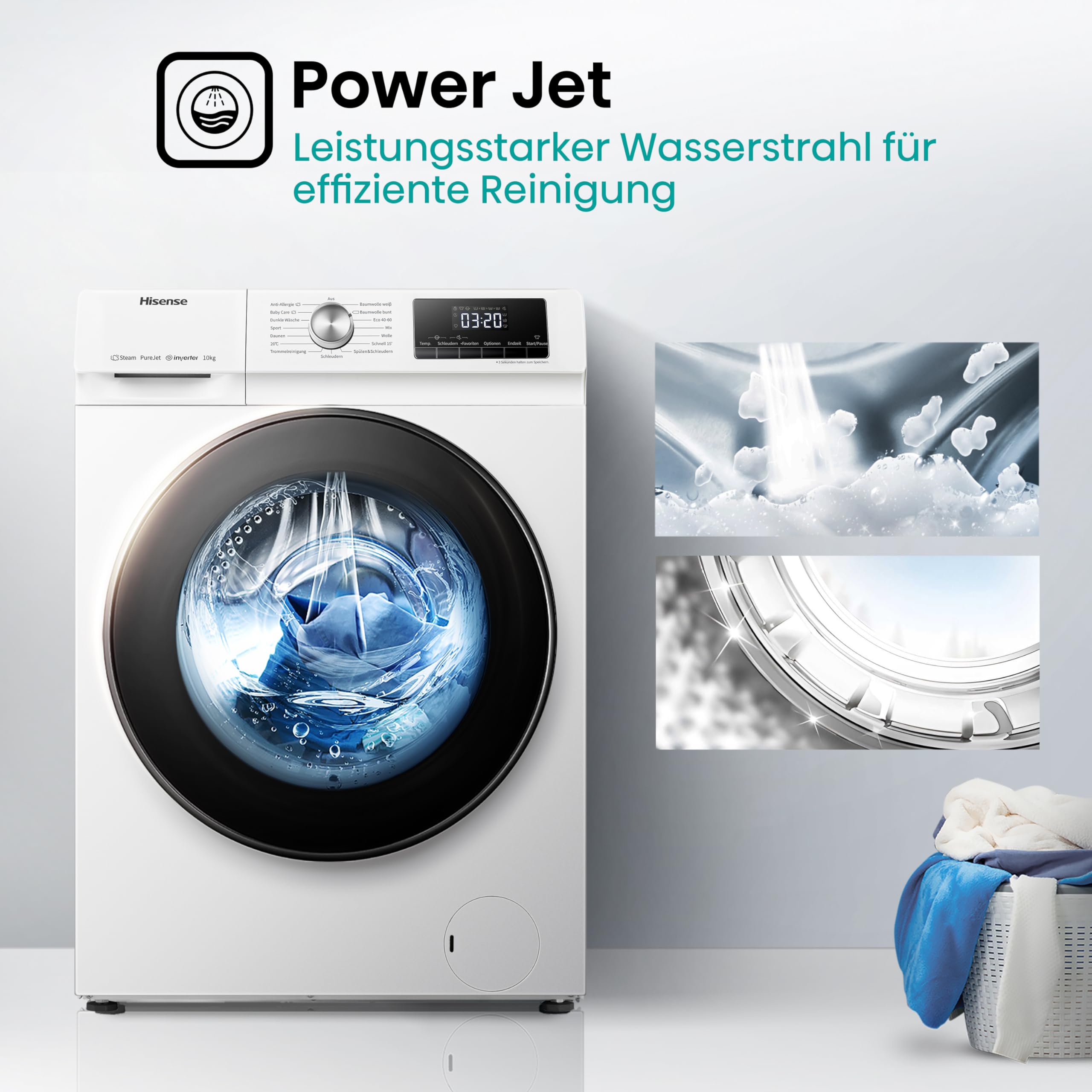 Hisense WFQA1014EVJM Waschmaschine mit Dampffunktion/10 kg/AquaStop /1400 U/min /15 Programme/Inverter PowerDrive Motor/Edelstahltrommel/Kindersicherung/Trommelreinigung/Weiß
