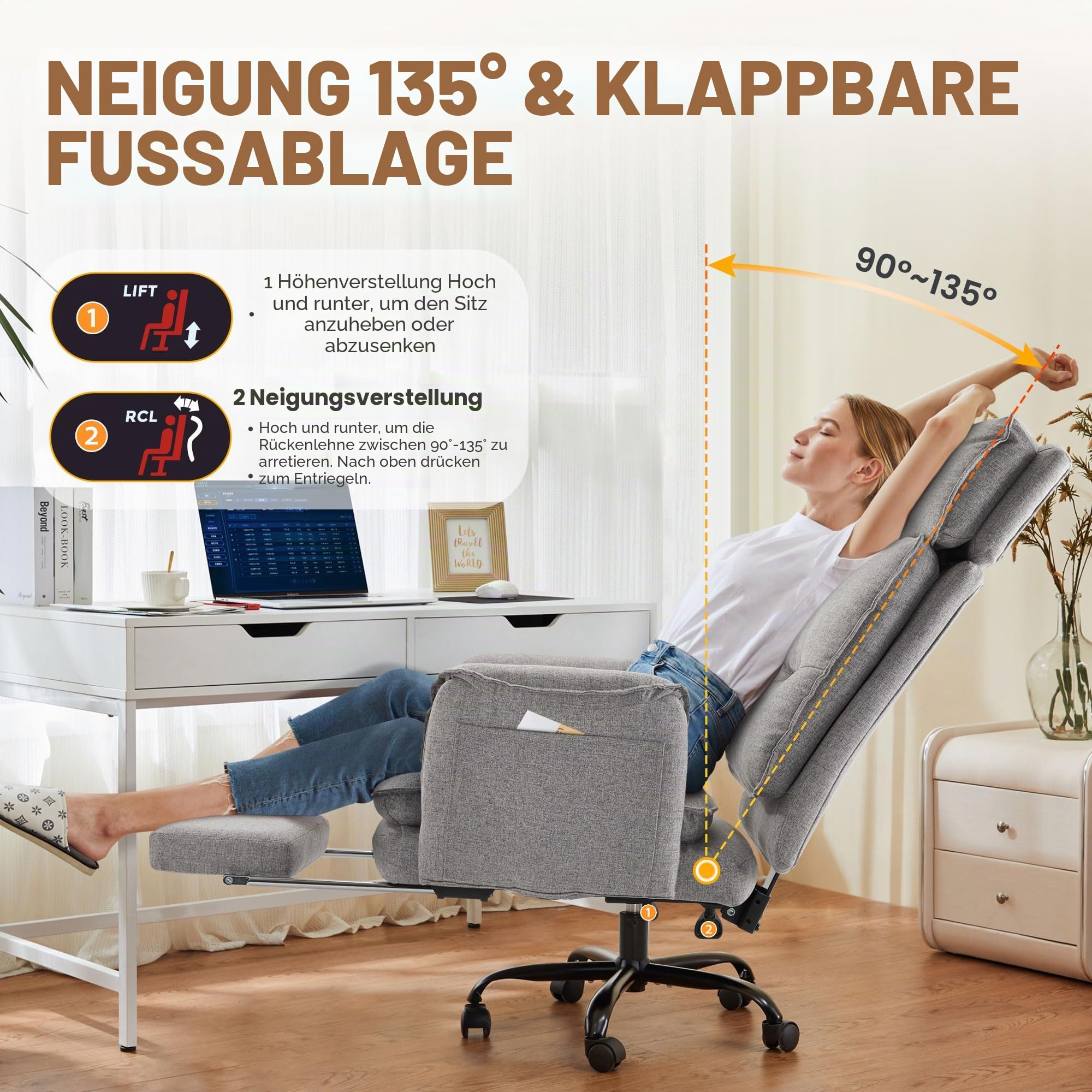 IWMH Ergonomischer Bürostuhl 227kg, XXL Stoff Chefsessel mit Fußstütze Schreibtischstuhl mit höhenverstellbare Kopfstütze,135° Neigefunktion,Drehstuhl für Homeoffice,Gaming (Grau)