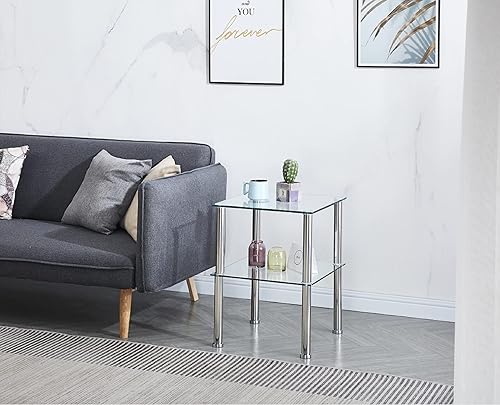 Miniatura 2 de Mesa auxiliar con vidrio templado cuadrado transparente, mesas auxiliares espaciales de 2 niveles con patas de tubo de metal plateado, muebles