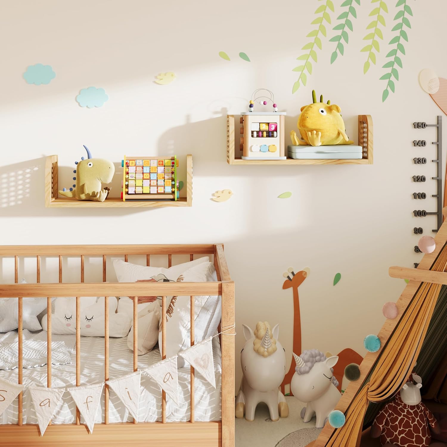 Rattan Shelf Set of 2, Cute Nursery Shelves Wall Mounted, Natural Hanging Bookshelf Storage, Boho Decorative Floating Shelves for Kids Room, Living Room, Play Room, Bedroom, Home Decor