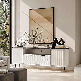BELLEZE 68 inch Fluted TV Stand Modern Chic Faux Marble Top, Curved Prof...