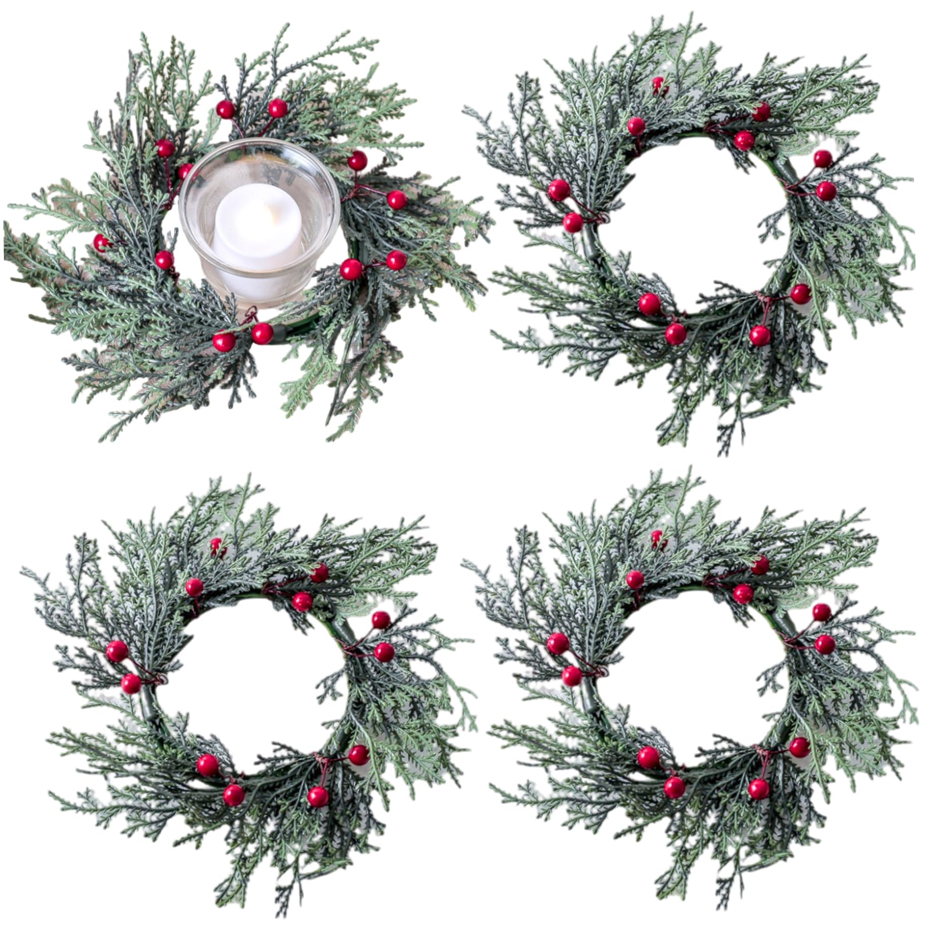CAKEEYUM 4Pcs Candle Rings with Red Berry Lifelike Artificial Christmas Candle Wreath for Pillars Wedding Winter Table Front Door Decoration Rings Wreaths, Christmas, Wreath