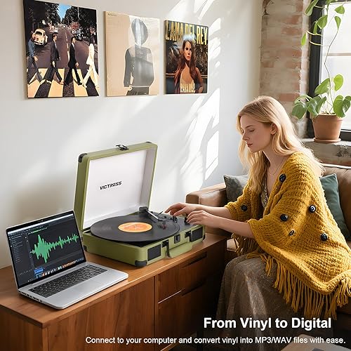 Miniatura 2 de Tocadiscos con altavoces, reproductor de discos de vinilo Bluetooth con grabación, reproductor LP portátil de maleta de 3 velocidades, tocadiscos de