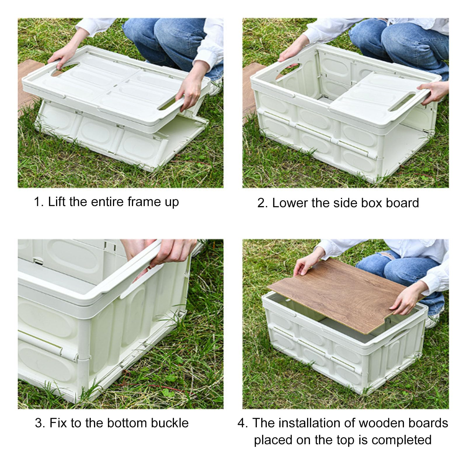 Contenitore pieghevole in plastica, contenitore da campeggio con coperchio in legno, grande scatola impilabile con manici, organizer per picnic all'aperto, archiviazione auto, smistamento domestico