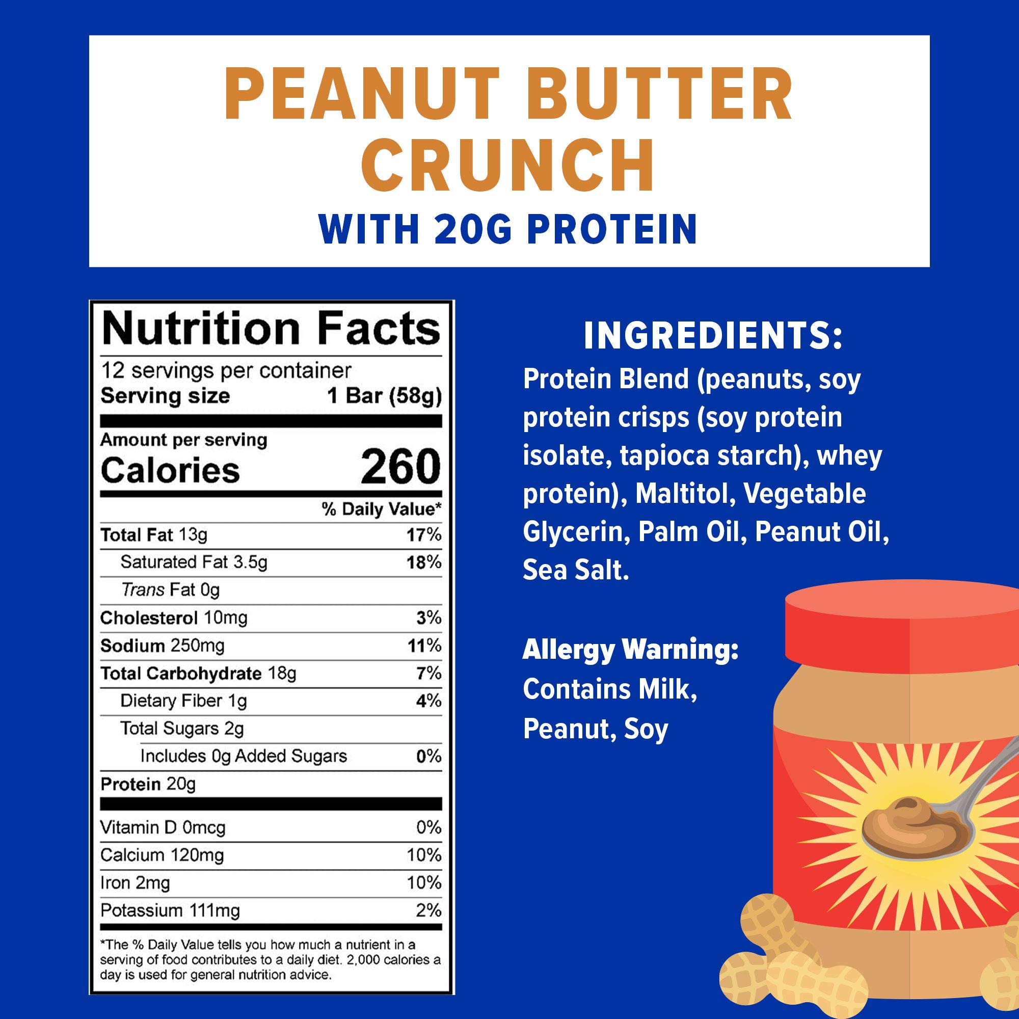 JiMMY! Protein Bar, Peanut Butter Crunch, 12 Count Energy Bar with 20g of Protein, Low Sugar