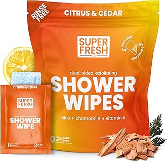 Super Fresh Shower Wipes Large Citrus & Cedar Body Wipes for No Rinse Bathing Personal Hygiene Gym Travel or Camping Enriched with Aloe and Vitamin E 10 Individually Wrapped Disposable Sheets