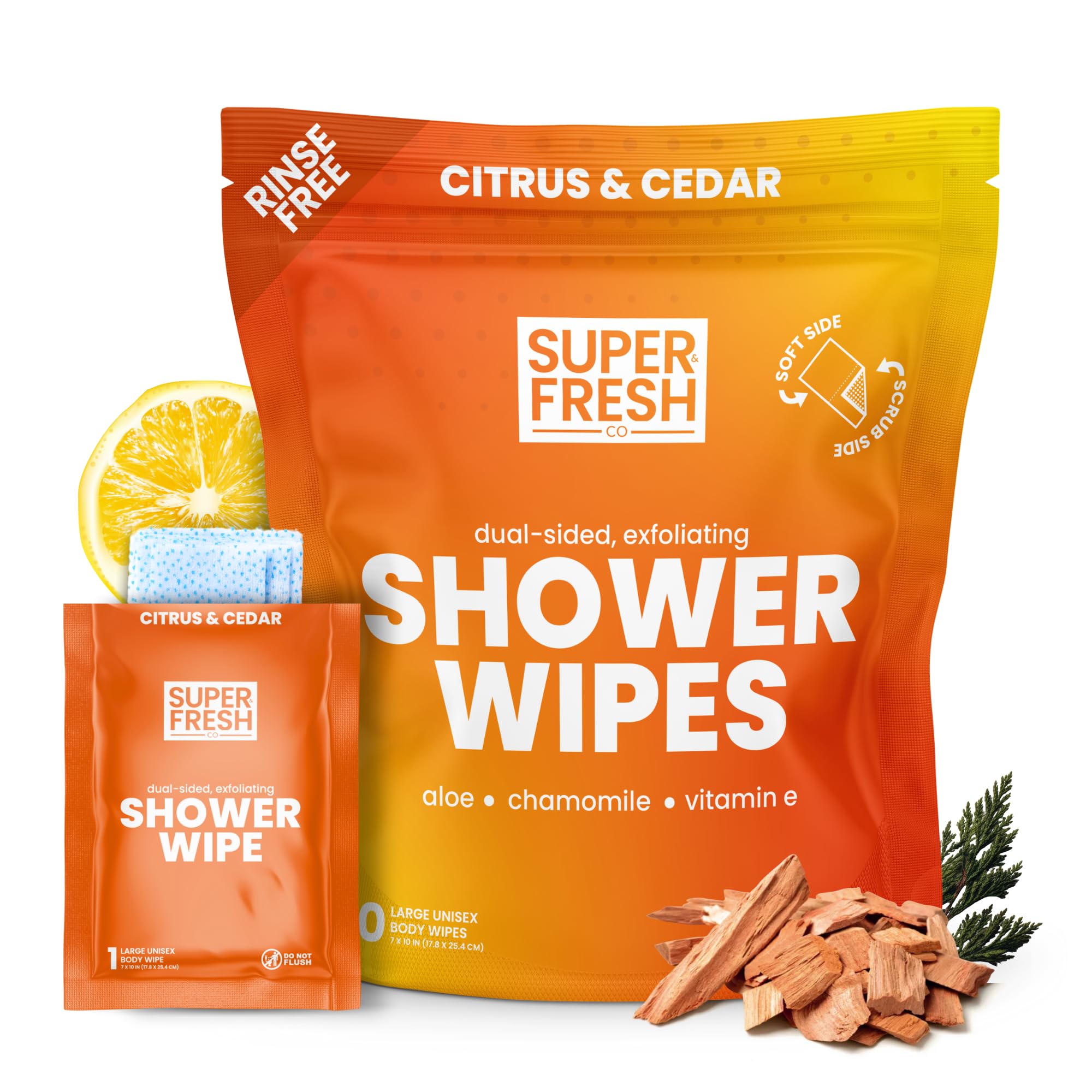 Super Fresh Shower Wipes Large Citrus & Cedar Body Wipes for No Rinse Bathing Personal Hygiene Gym Travel or Camping Enriched with Aloe and Vitamin E 10 Individually Wrapped Disposable Sheets
