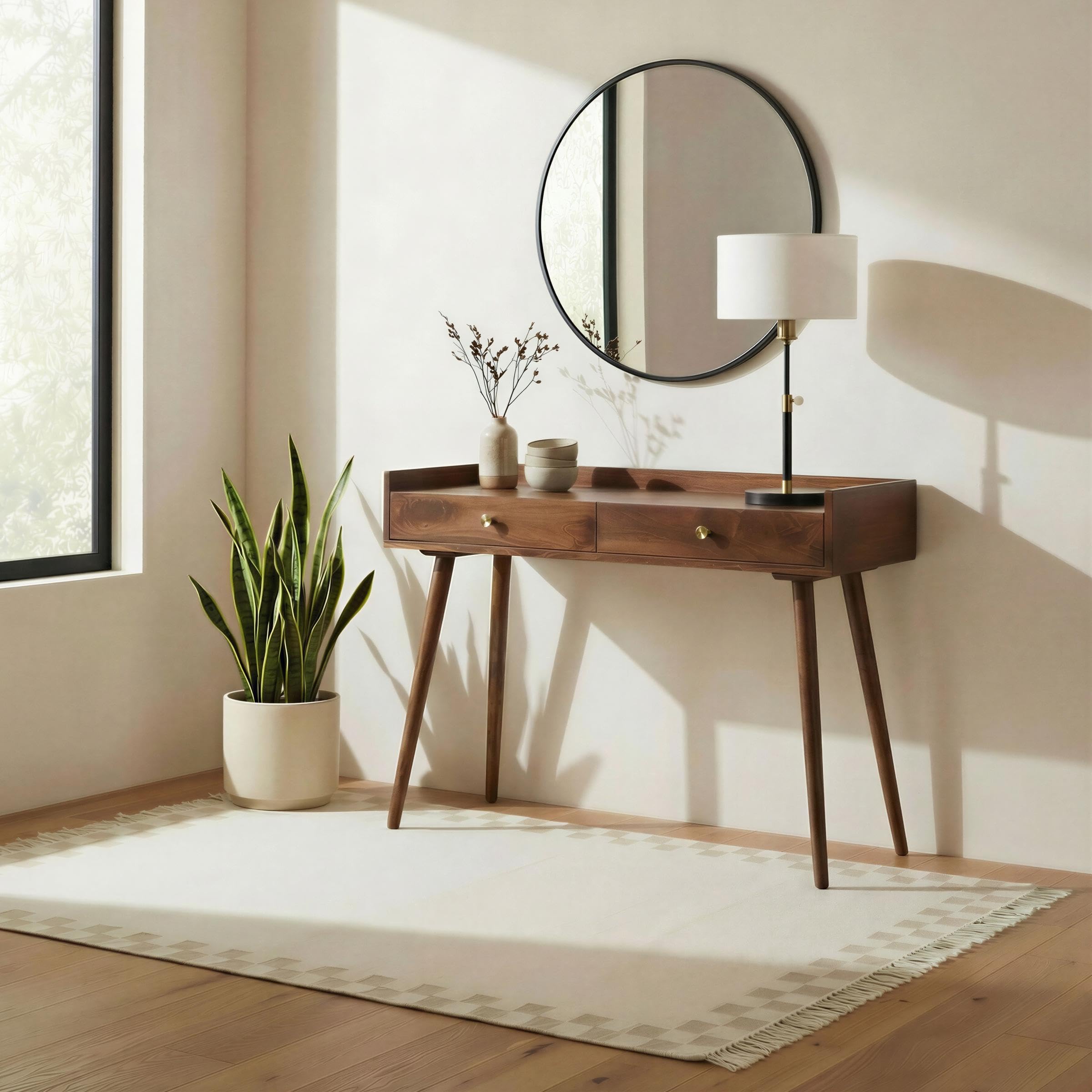 Furniturebox UK Living Room Furniture, Vinson Wooden Console Table With Storage – Mango Wood, Walnut Stain – Mid Century Modern Vintage Occasional Table with 2x Drawers – Hallway/Vanity Table