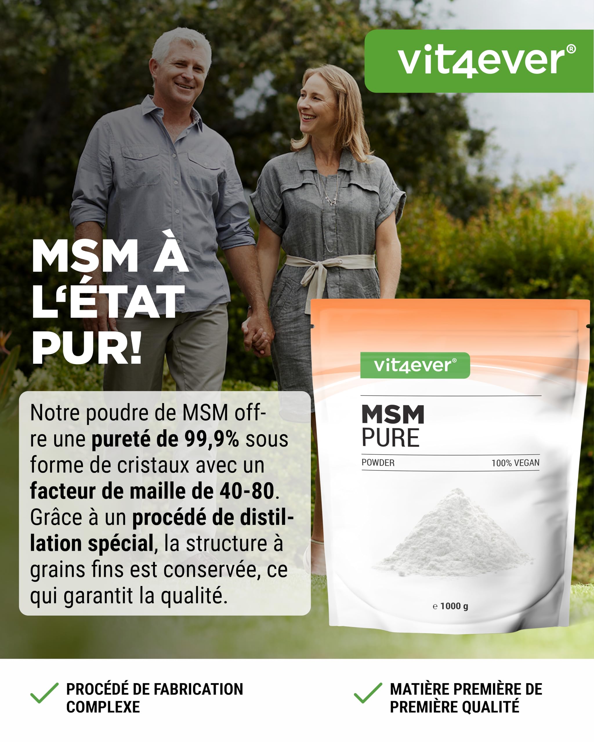 Poudre de MSM - 1 kg (1000 g) - 99,9% de Méthylsulfonylméthane Cristallin Pur - Facteur Mesh 40-80 - Soufre Organique - Végane, Sans Additifs