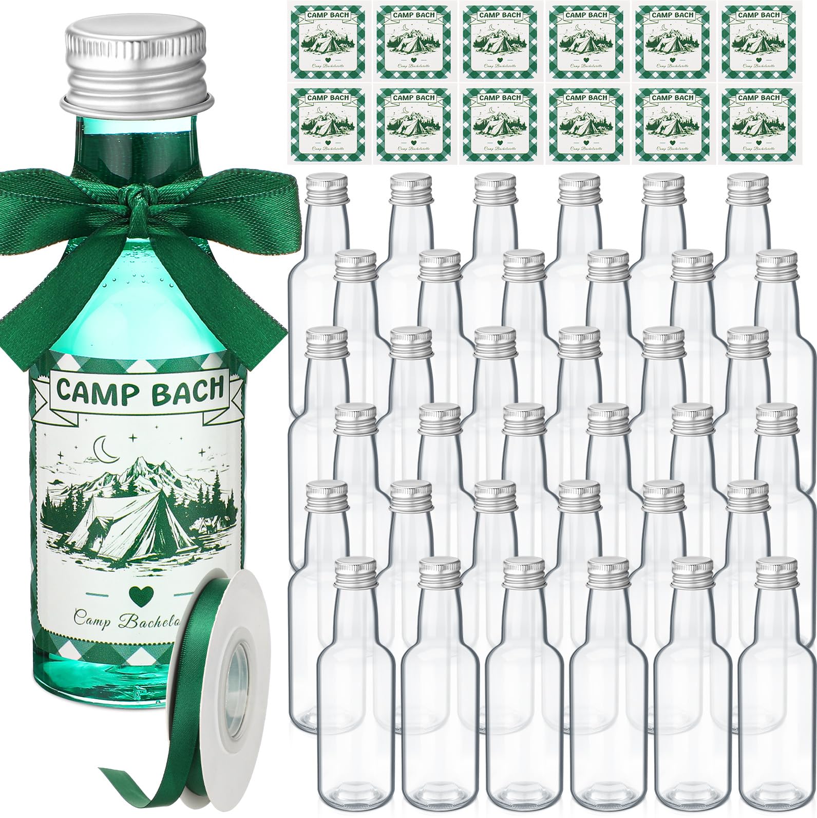 Jingmore 30 Pack 1.7oz Mini Liquor Bottles 50ml Plastic Alcohol Bottle with Cap, Labels, Ribbon for Party Supplies(Bachelorette Party,Green)