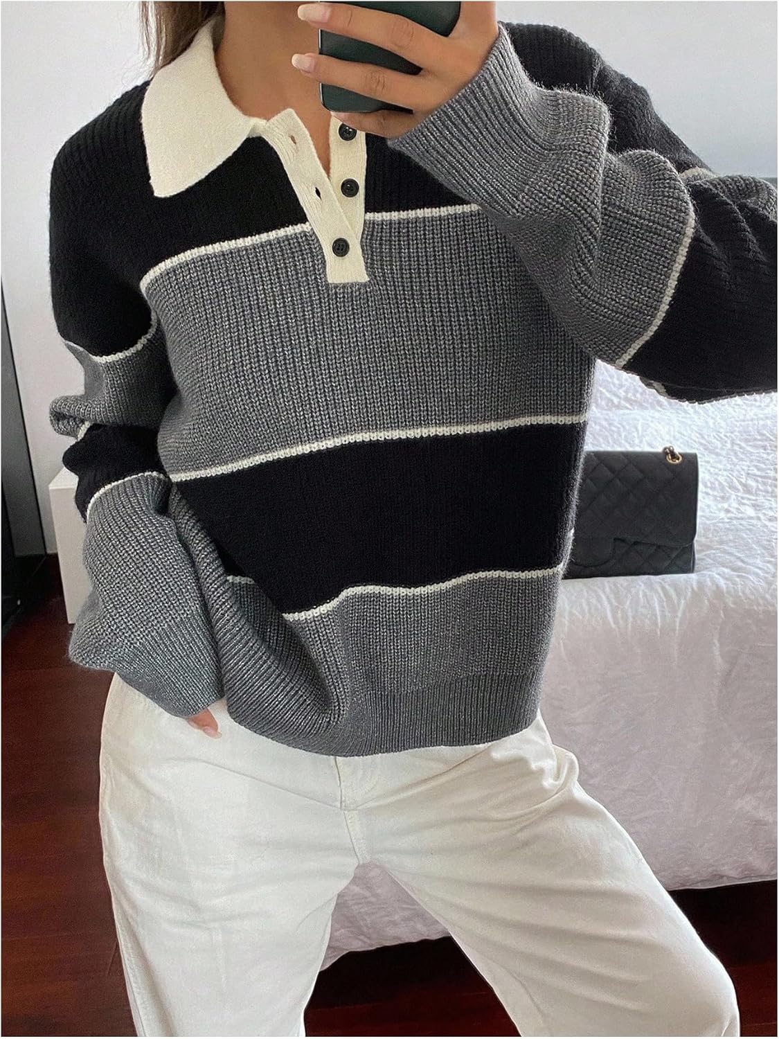 MakeMeChic Women's Striped Sweater Tops Button Up Long Sleeve Collared Preppy Sweater Rugby Shirt - Image 2