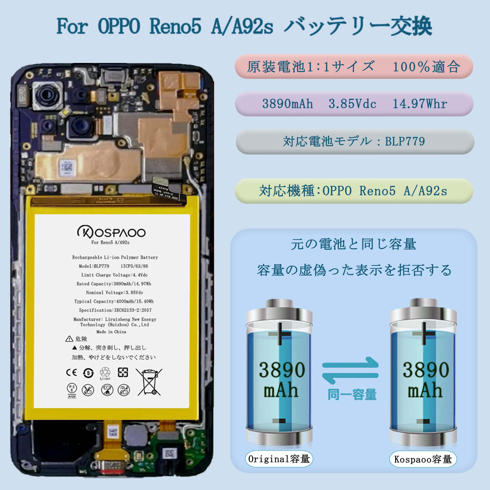 Amazon | KOSPAOO for OPPO Reno5 A バッテリー互換 容量3890mAh