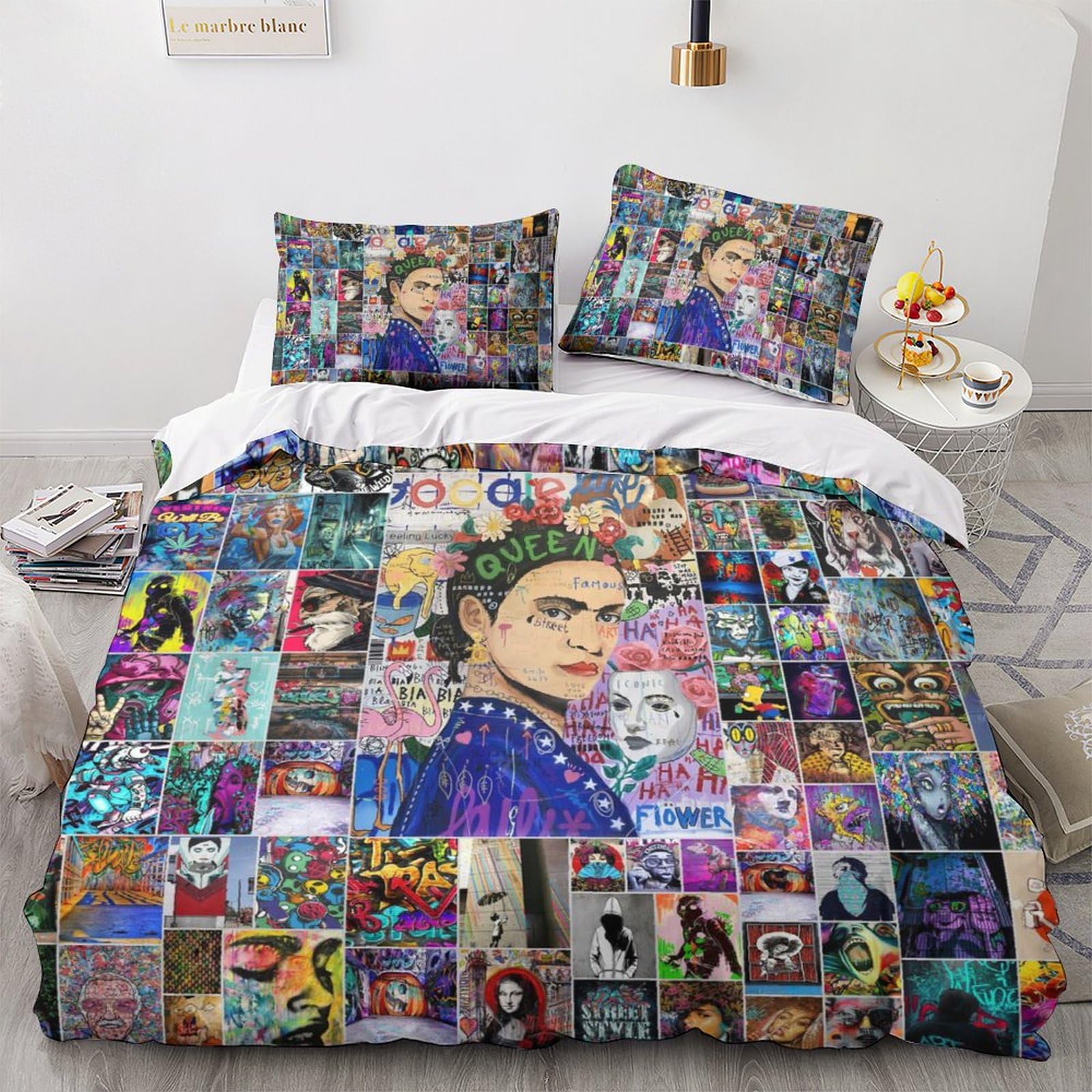 Parure de lit garçon 220x240 housse de couette graffiti et taie d'oreiller microfibre avec zip