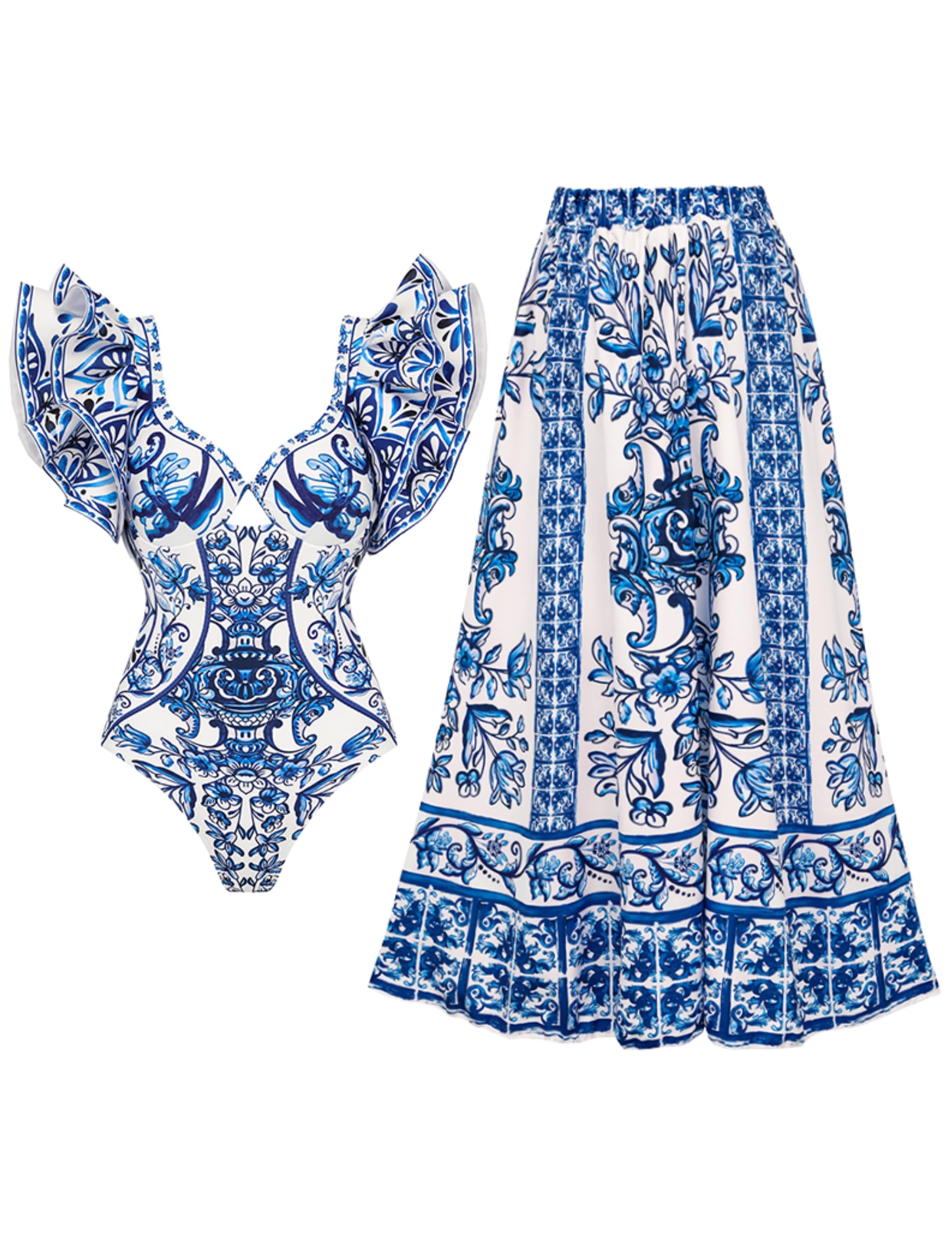 FLAXMAKER Ruffle Blue and White Porcelain Pattern Majolica Print One Piece Swimsuit and Skirt Sarong