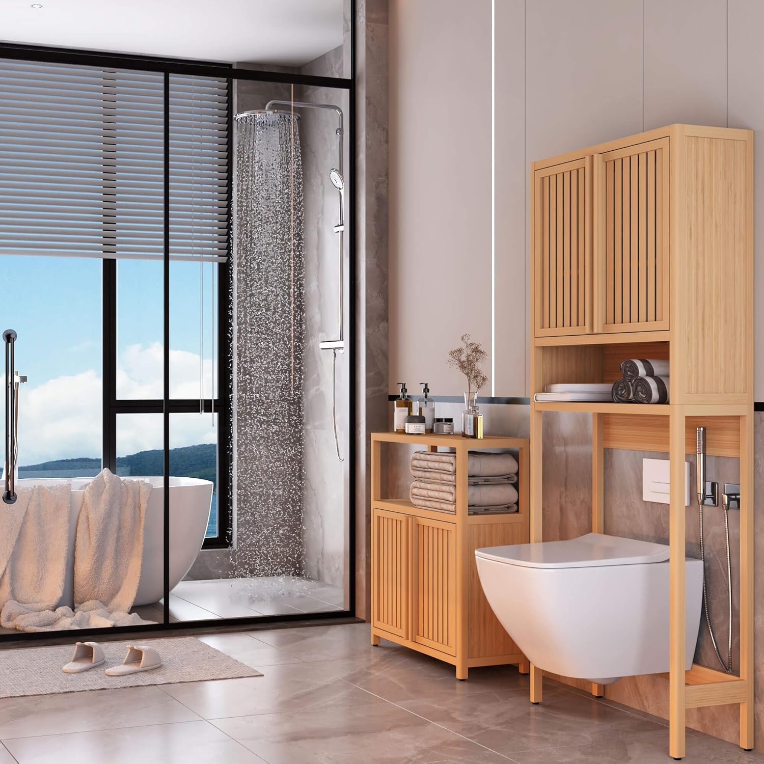 Bathroom Storage Cabinet, Bamboo Sideboard Cabinet Furniture Large Capacity with Open Shelf and 2 Doors Floor Standing Cabinet (32" Cabinet)