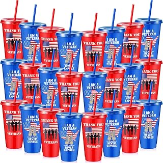 Skylety 24 Pcs Veterans Day Gifts Bulk 24oz Plastic Cups for Veterans Day Party Favors, Memorial Day Gift for Veterans, Army, Soldier Retirement Gift, Military Appreciation Gift, Thank You Veterans