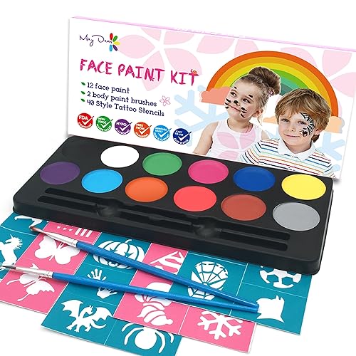 Miniatura 7 de Maydear Kit de pintura facial para niños, paleta de maquillaje a base de agua con plantillas, purpurina, pastel dividido de arco iris, clips de