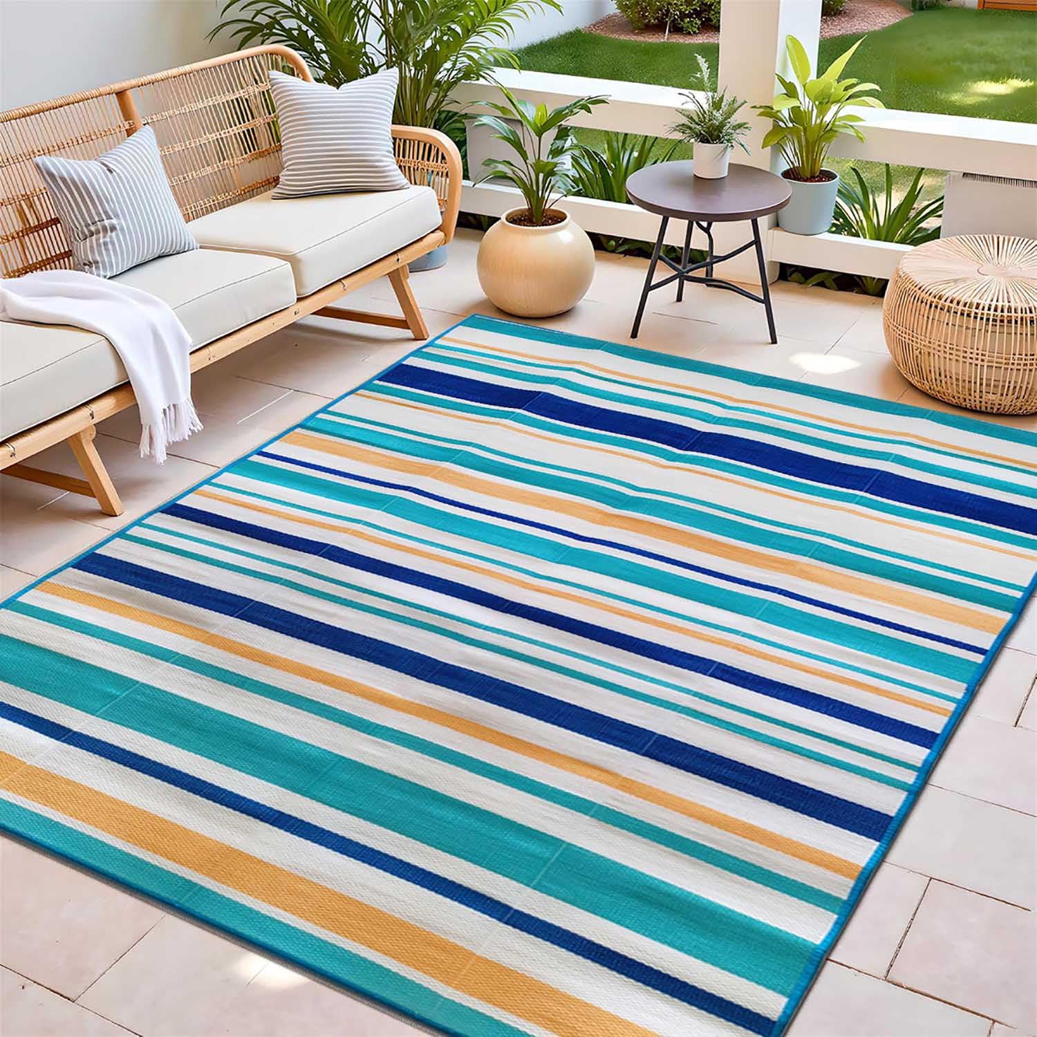 Dywany Balkonowe 150x240cm Niebieski Paskowy Odwracalny Dywan Patio Zewnętrzny Wodoodporny Plastikowy Dywan Słomowy na Zewnątrz,Pokład,Veranda,Piknik,Kemping,Ogród,RV,Podwórko,Grill,Plaża