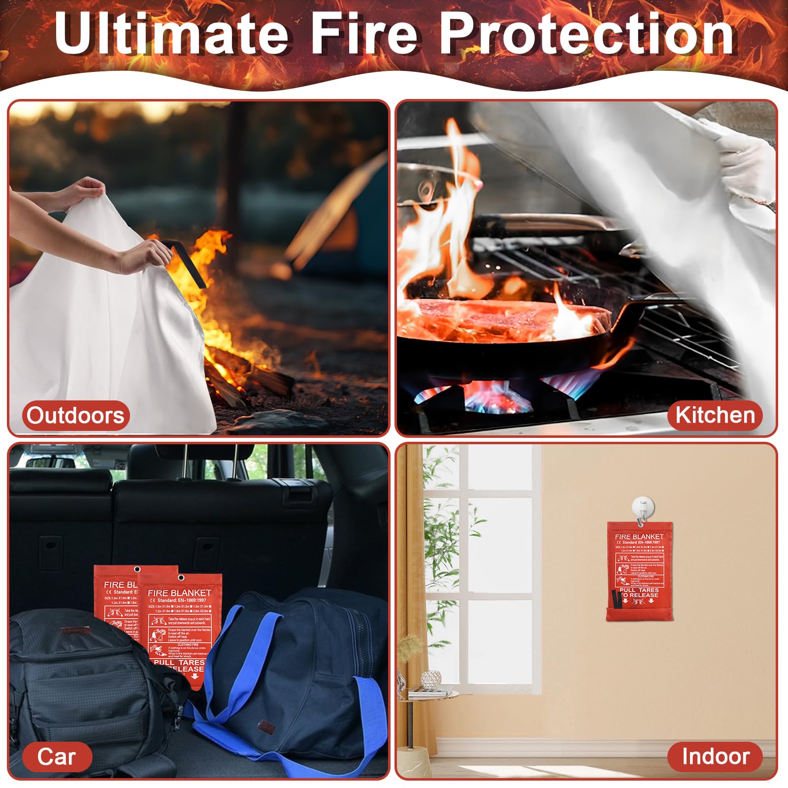 2 Piezas Manta Ignífuga para Hogar y Cocina, 100x100CM Manta Ignífuga de Emergencia, Manta Ignífuga de Fibra de Emergencia para Oficina Camping Horno Garaje