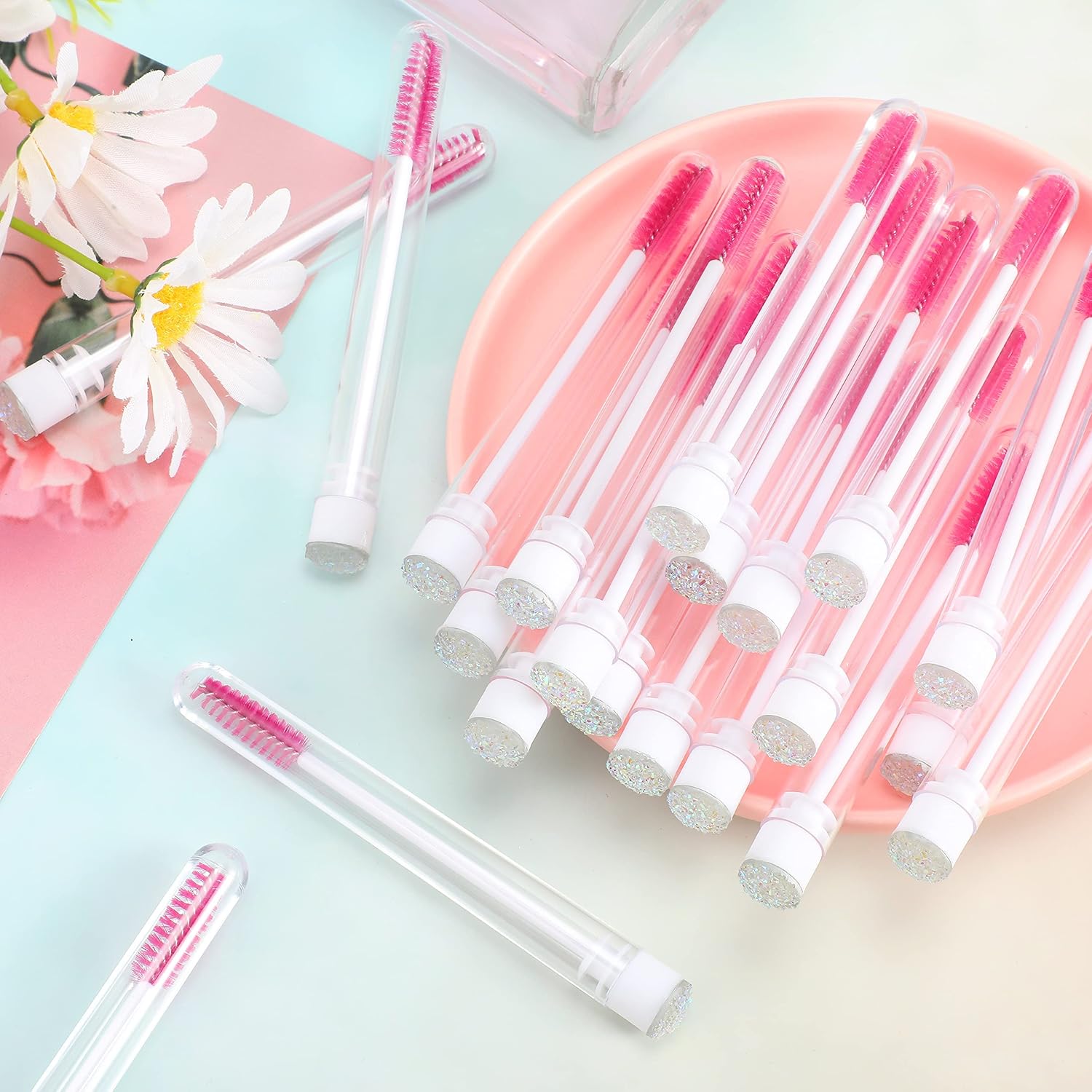 80 Pieces Disposable Mascara Brushes Tubes Set, 40 Pieces Empty Mascara Wand Tube with 40 Pieces Eyelash Brush Makeup Tool Cleaning Brush for Eyelash Extension (Colorful Sequins Style)
