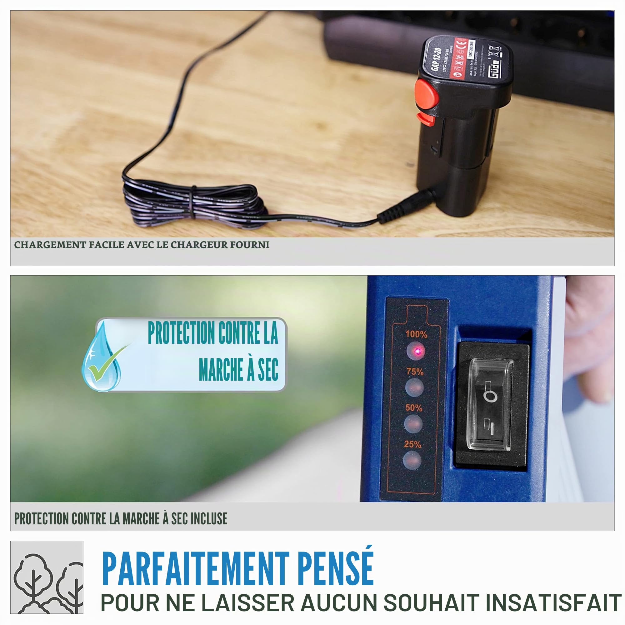 Güde Pompe pour fûts de pluie à batterie RFP 12-201-04 (12 V, 1500 l/h, hauteur de refoulement 11 m, granulométrie max 0,5 mm, robinet d'arrêt, réglage télescopique, batterie et chargeur inclus)