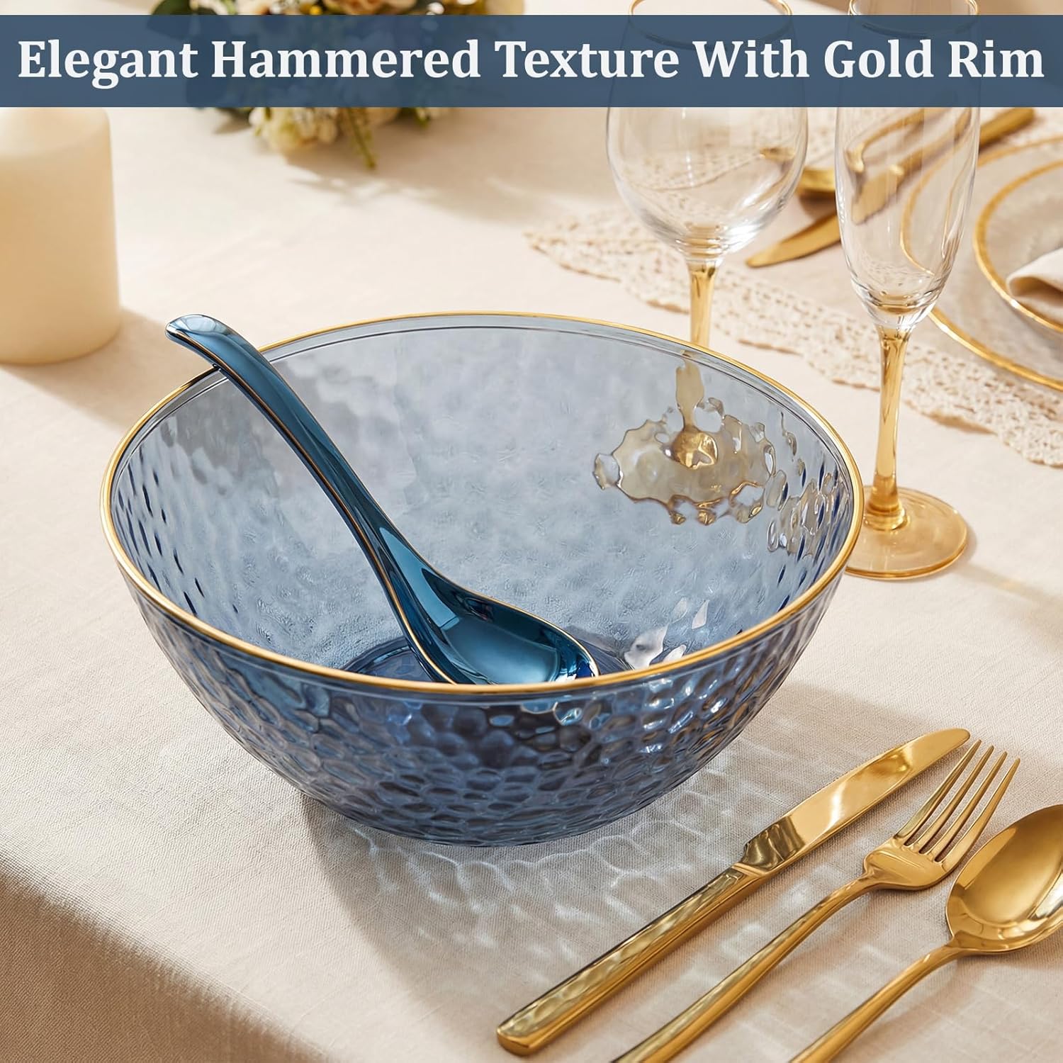 Jingmore 100 Pcs 12 oz Clear Plastic Bowls Hammered with Gold Rimmed, Heavyweight Disposable Bowl Set, Salad Dinner Bowls for Party, Wedding, Holiday, Catering (Blue)