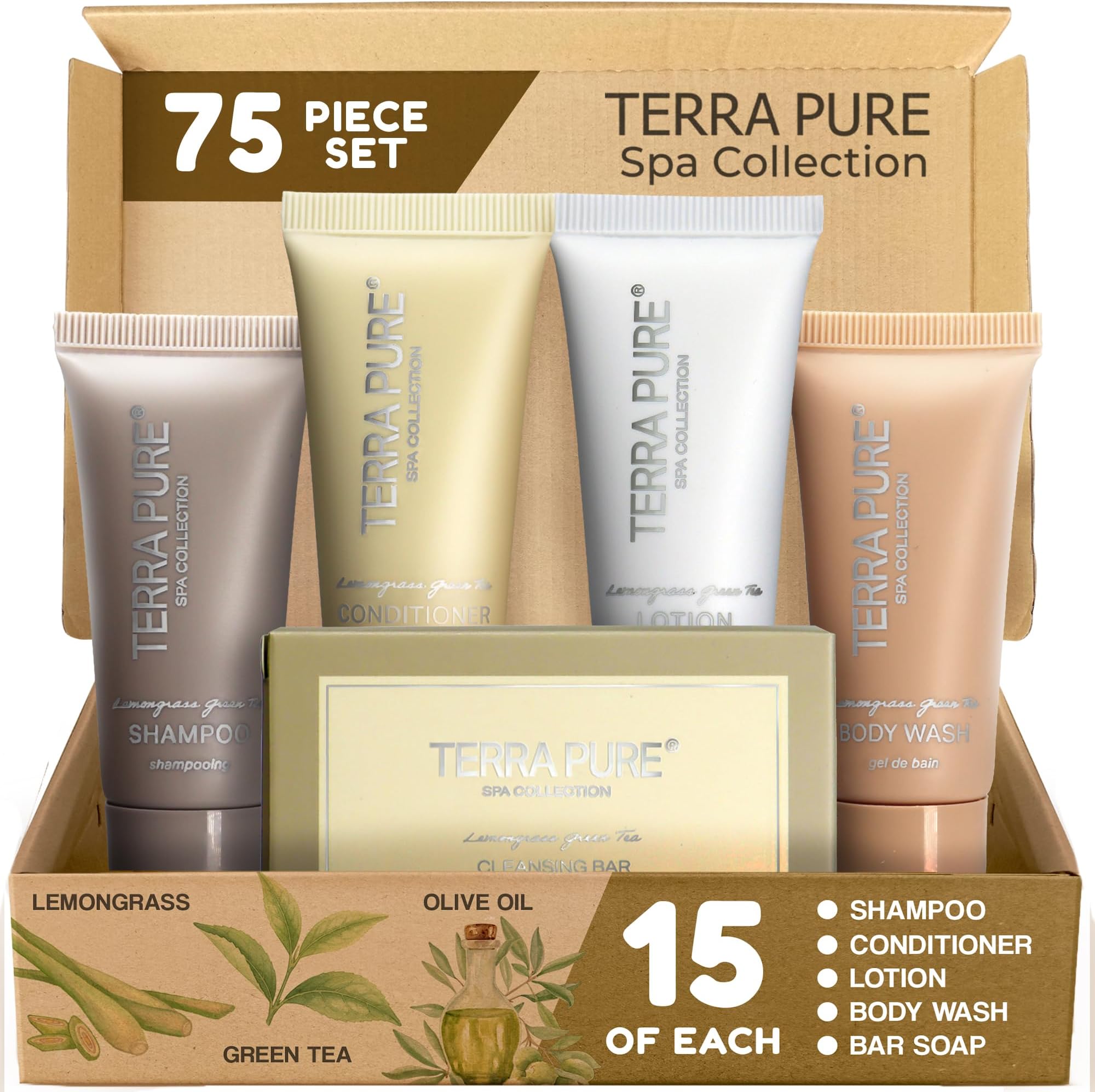 Terra Pure Spa Collection Bulk Set Toiletries | 1-Shoppe Amenities Kit for Hotels & Vacation Rentals | 0.85 oz Shampoo, Conditioner, Body Wash, Lotion, Cleansing Bar | 75 Pieces