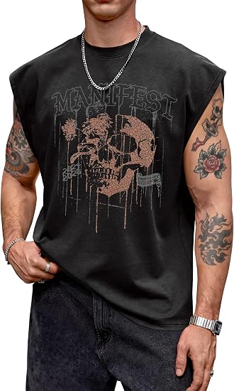 VOGSTART Mens Gothic Graphic Tank Tops Oversized Acid Wash Sleeveless Shirt