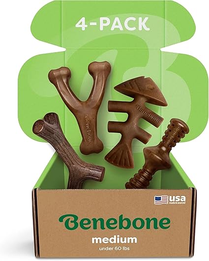 Benebone 4-Pack Durable Dog Chew Toys for Aggressive Chewers, Real Flavors, Made in USA, Medium
