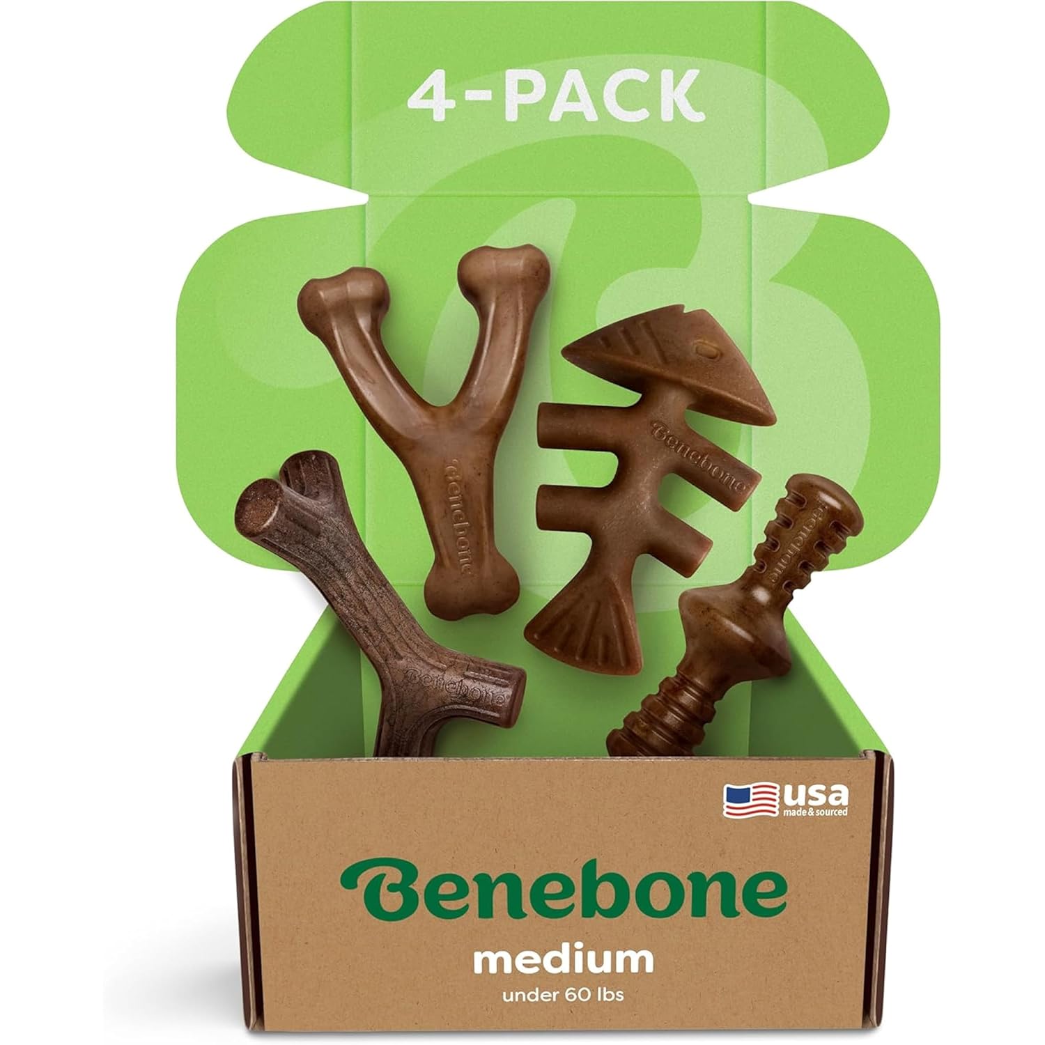 Benebone Medium 4-Pack Dog Toys for Aggressive Chewers – Durable Dog Bones, Made in USA – Dog Toys for Medium Dogs Under 60 lbs