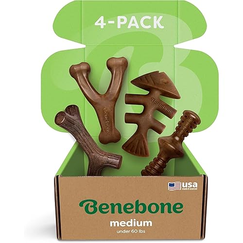 Benebone Medium 4-Pack Dog Chew Toys for Aggressive Chewers, Made in USA, 60lbs and Under - Medium - 4 Pack
