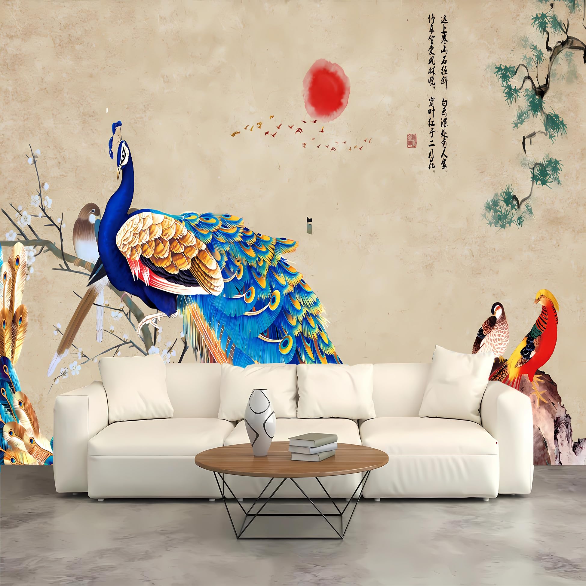 Lcythiazole Customizable Size Peel and Stick Mural Peacock Mural Chinese Style Mural Wallpaper Large Retro Mural Only for Living Room Bedroom Tv Background Wall