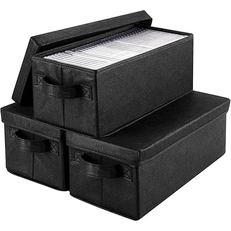 HATTERTOP CD Storage Box Set of 3, DVD Storage Case 14.2 x 6.3 x 5.5 Inch CD Case Storage with Lids & Handles to Store up to 165 Discs for Car Travel Home - Black