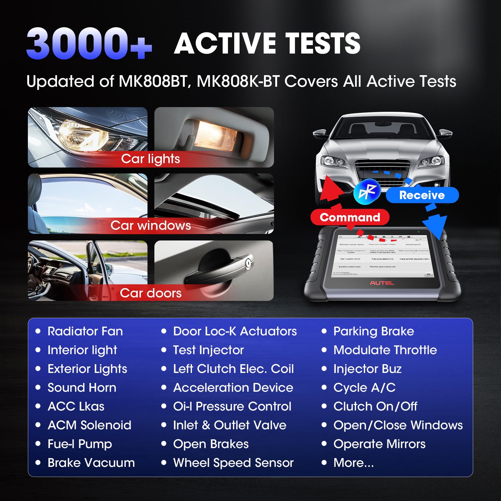 Autel MaxiCOM MK808K-BT OBD2 Diagnosis Coche, 2026 Bidireccional como MK900BT MK808BT Pro, BT Ver.de MX808S MK808S MX900 MK900, Prueba Activa,28+ Servicio, Diagnóstico Todos Los Sistemas,Soporte BT506
