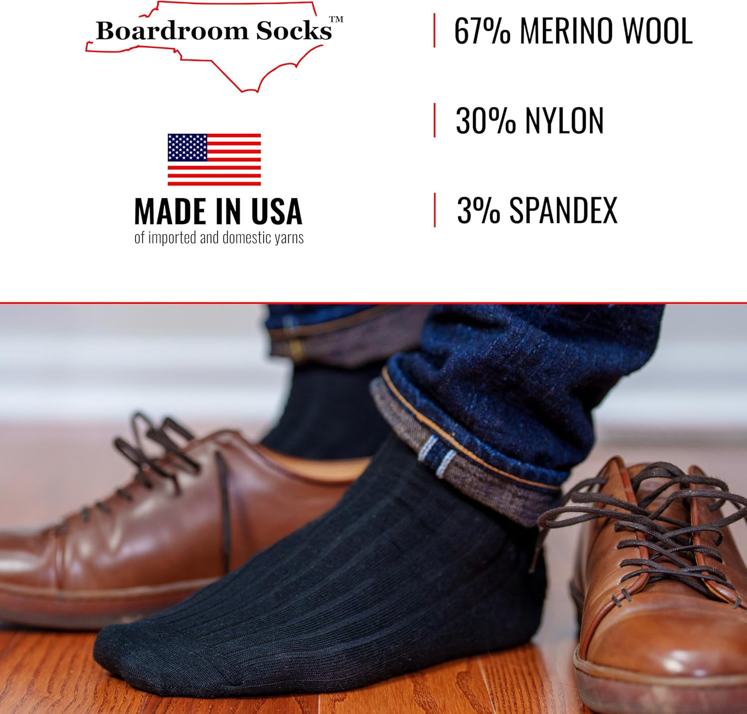 BoardroomSocks Merino Wool Mid-Calf Dress Socks for Men, Ribbed Dress Socks
