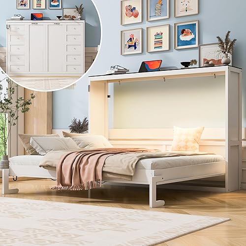 SOFTSEA Queen Size Horizontal Murphy Bed Cabinet, Farmhouse Murphy Bed Wall Bed with LED Lights, Wood Hidden Wall Bed Frame for Home Office Small Space, White