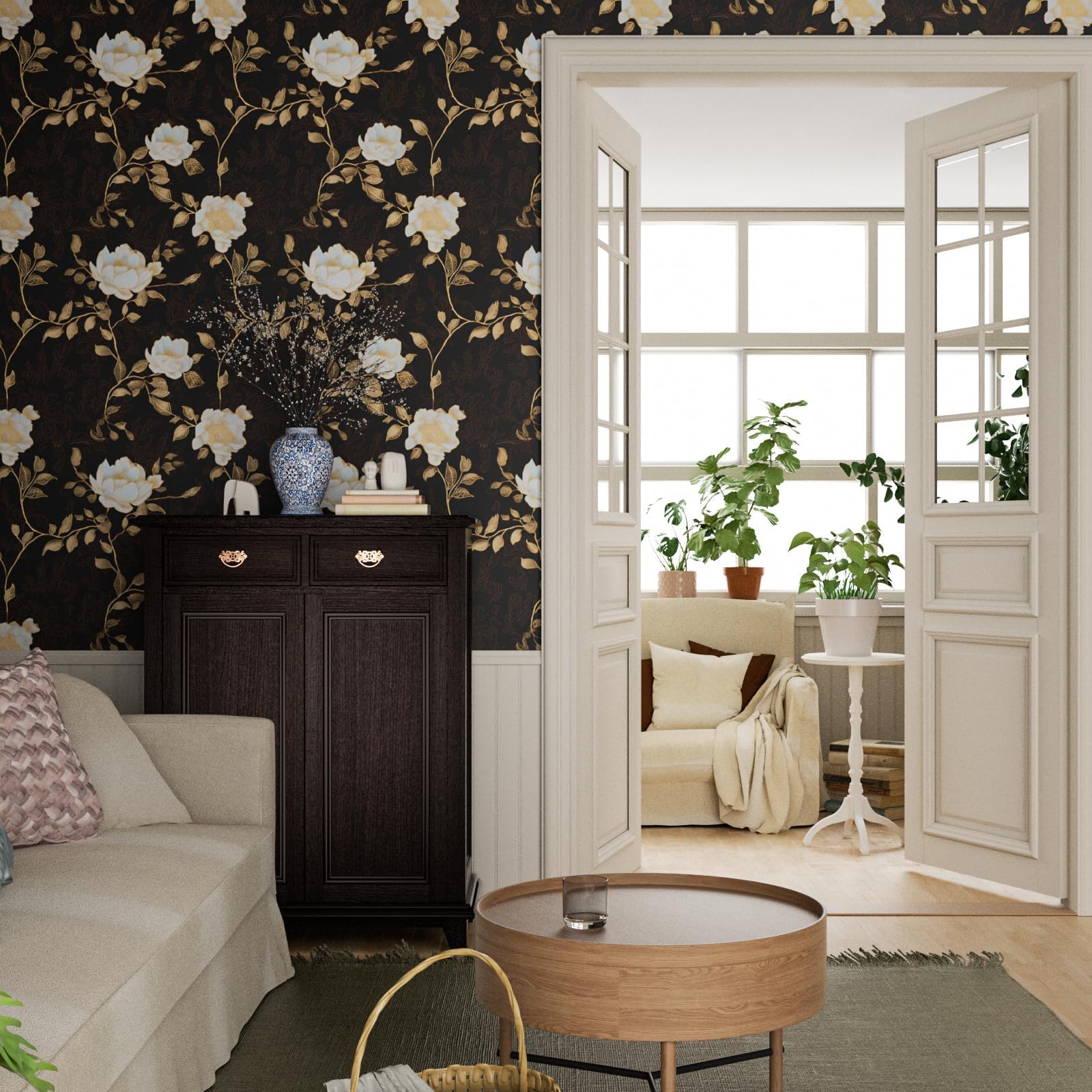 Photo 1 of Laatse Black Golden Floral Peel and Stick Wallpaper Flowers Contact Paper 17.5" x 393" Self Adhesive Waterproof Vintage Dark Floral Wall Paper for Shelf Liner Cabinet Decor