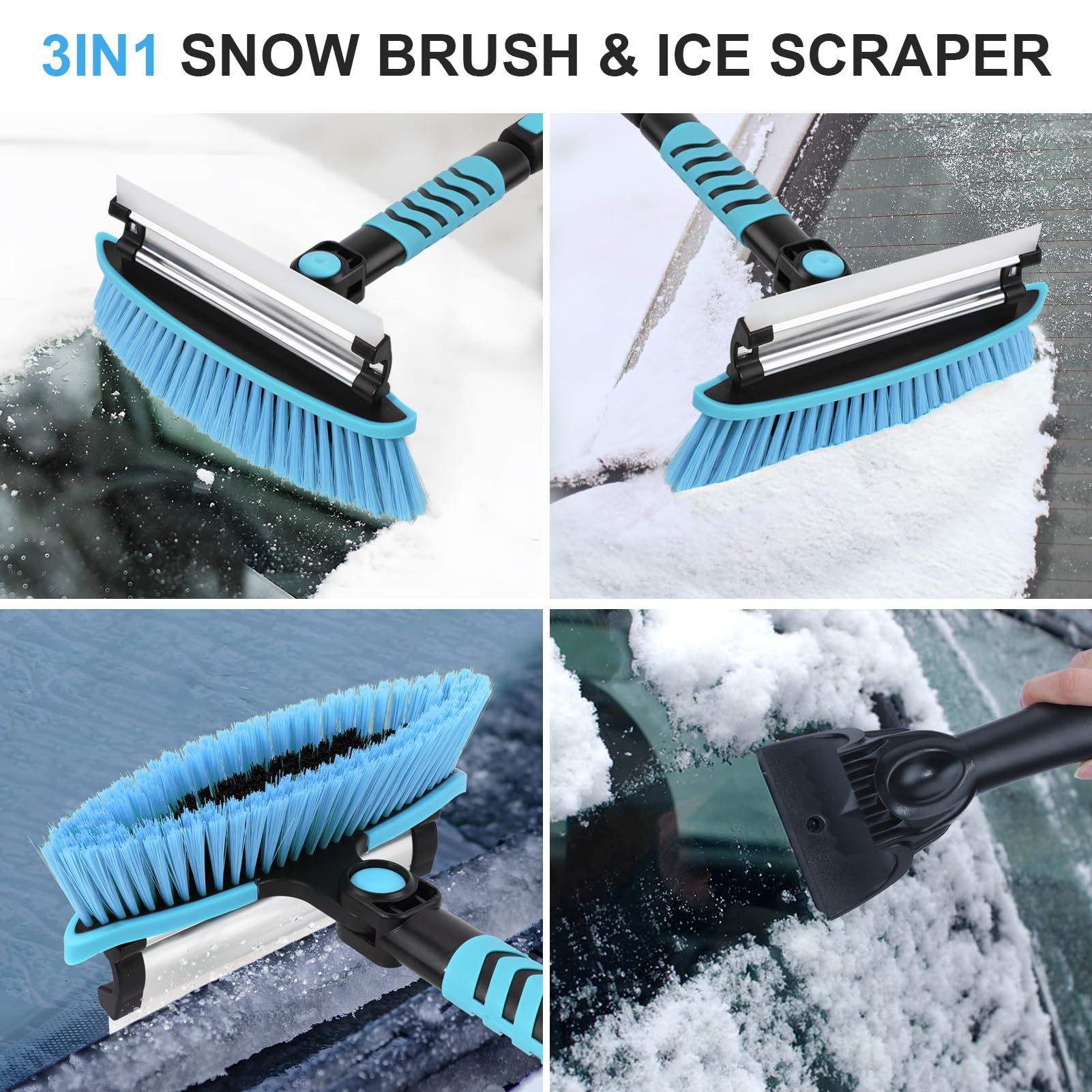 Rascador de hielo para parabrisas de coche, cepillo para nieve de 43 pulgadas, rascador de nieve desmontable 3 en 1 con escobilla de goma, cabezal de cepillo giratorio de 180°, agarre de