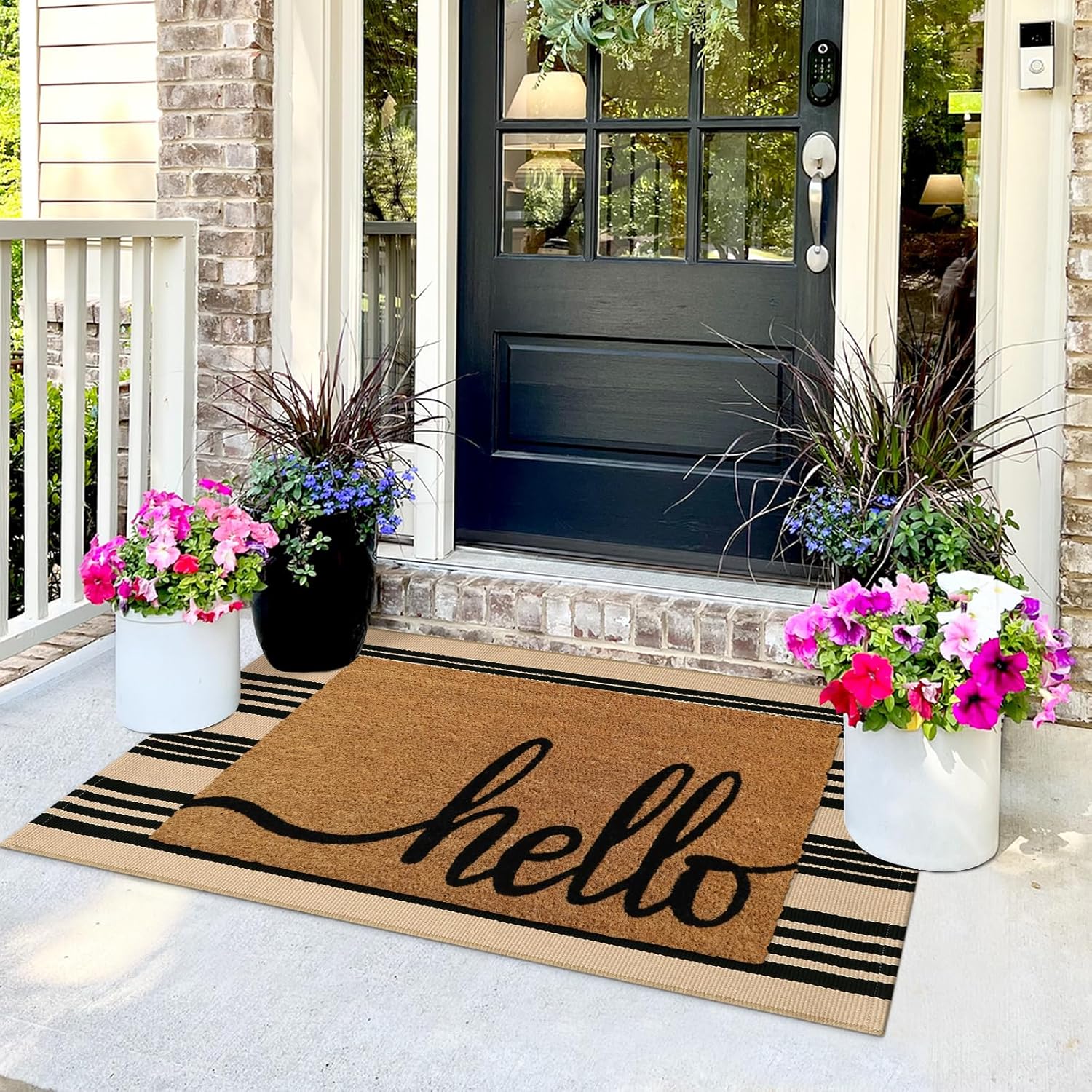 Black and Khaki Striped Rugs 2.3'x3.6', Washable Hand Woven Front Door Rug, Reversible Outdoor Welcome Mat Foldable Layered Door Mats for Entryway Porch Decor Home Entrance